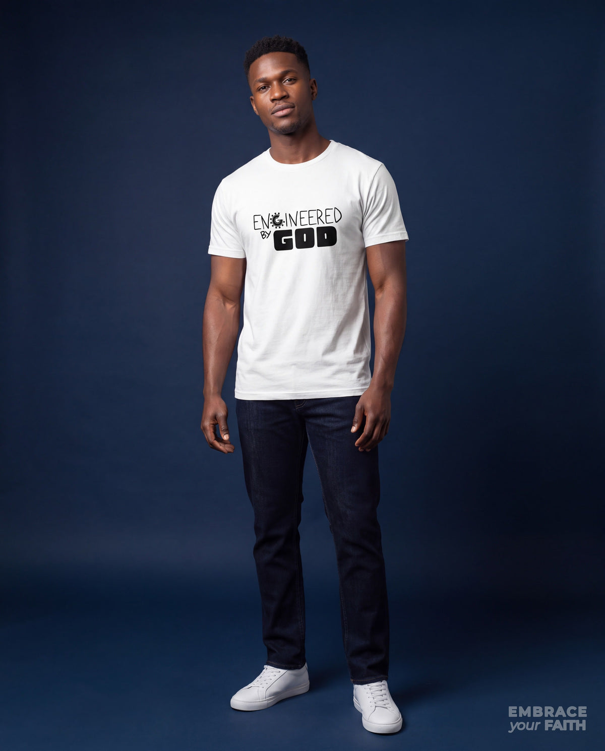 EYF model wearing the Engineered By God Classic Unisex T-Shirt in White