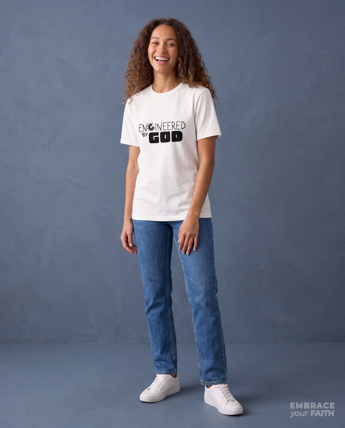 EYF model wearing the Engineered By God Classic Unisex T-Shirt in White