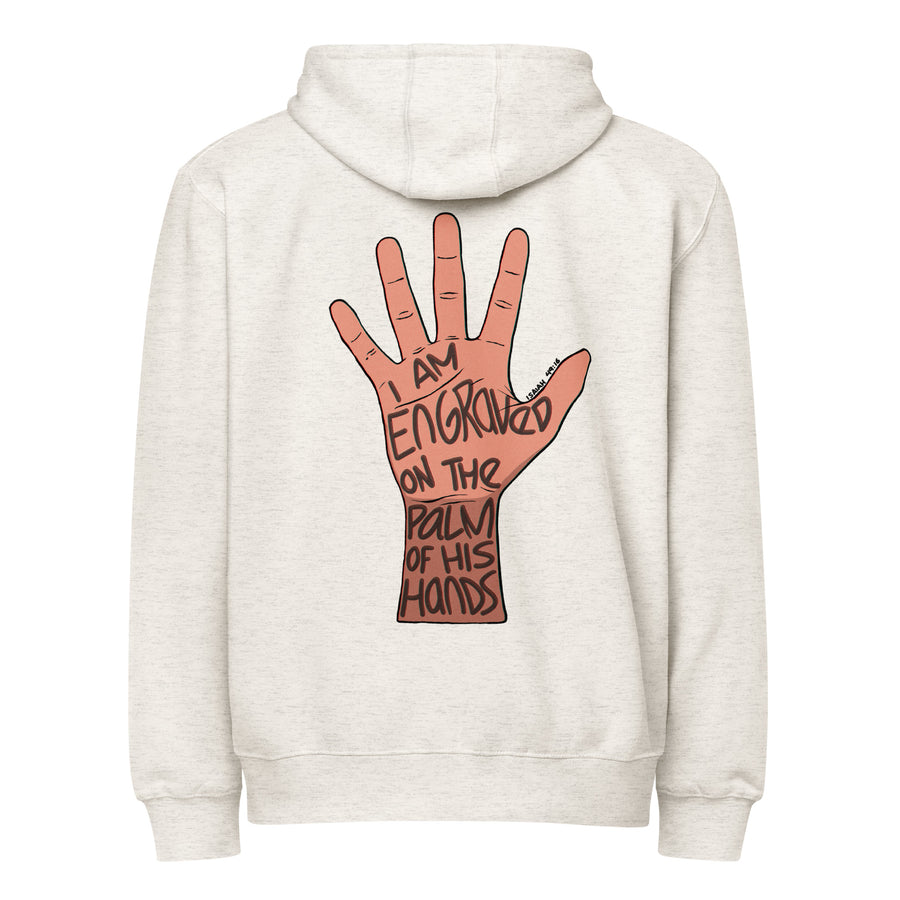 Engraved on His Palms Full-Zip Hoodie in Oatmeal Heather, back view – Isaiah 49:16