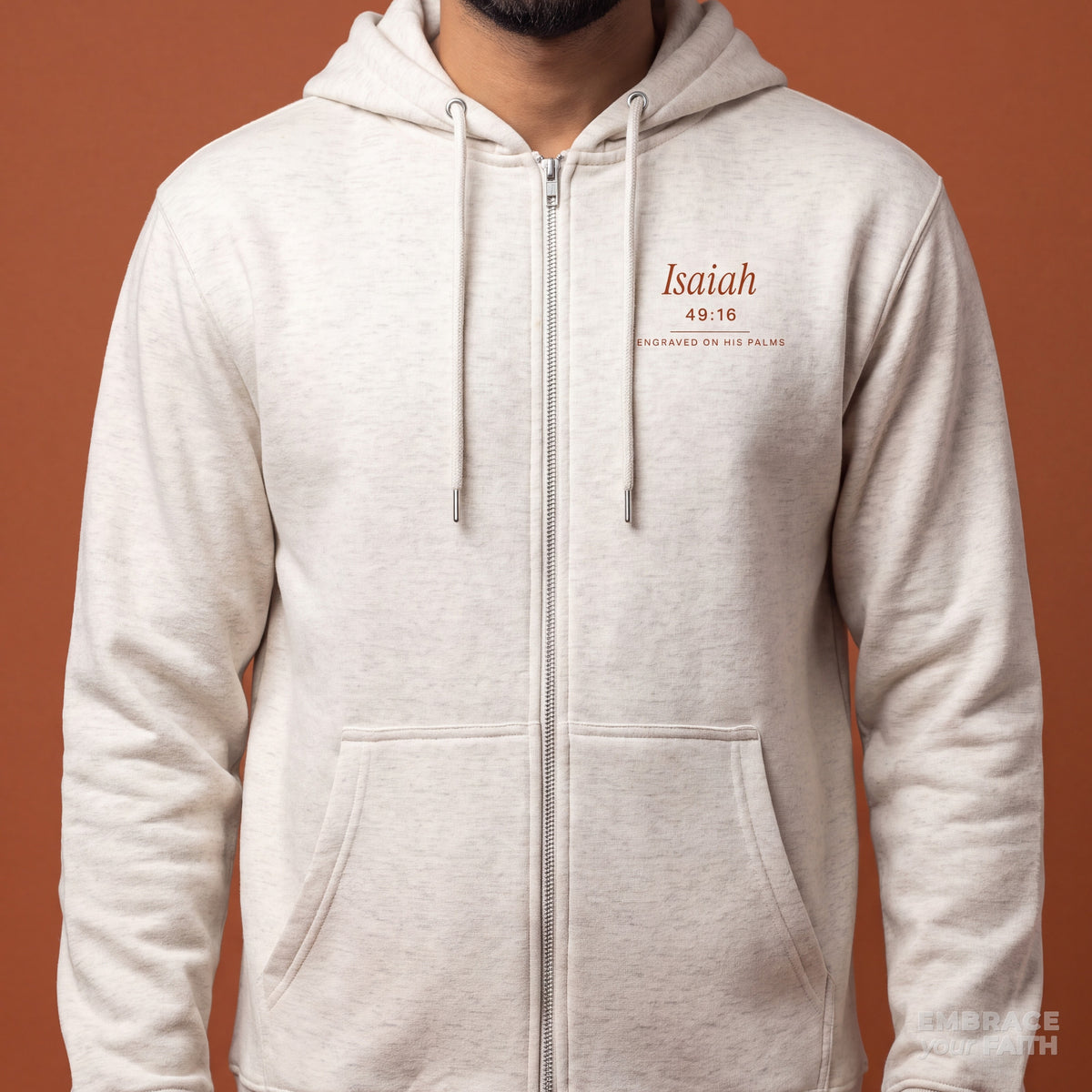 Engraved on His Palms Full-Zip Hoodie in Oatmeal Heather, print close-up – Isaiah 49:16
