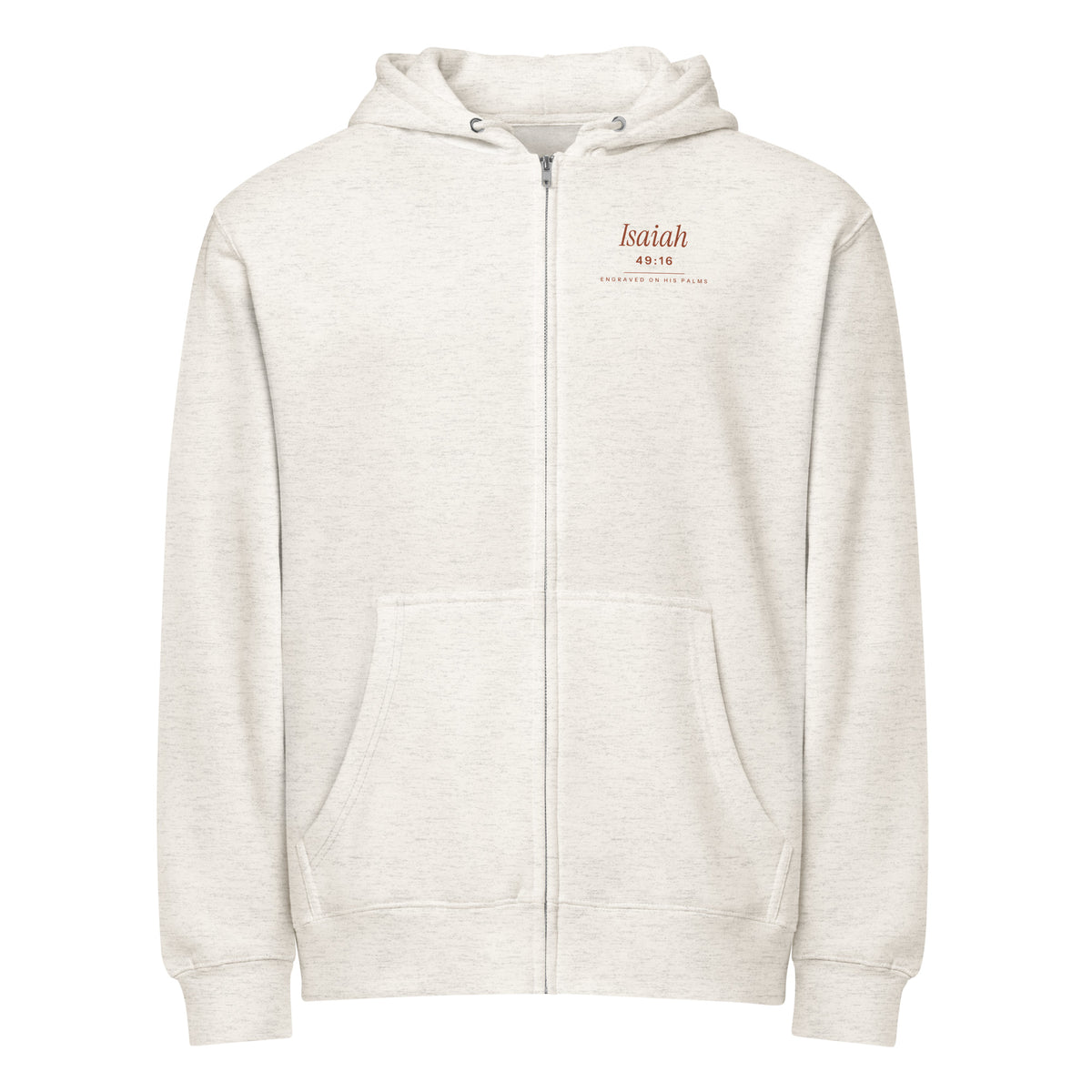 Engraved on His Palms Full-Zip Hoodie in Oatmeal Heather, front view – Isaiah 49:16