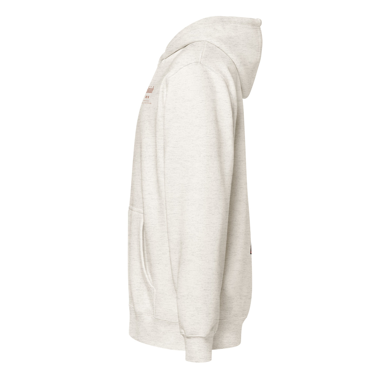 Engraved on His Palms Full-Zip Hoodie in Oatmeal Heather, left side view – Isaiah 49:16