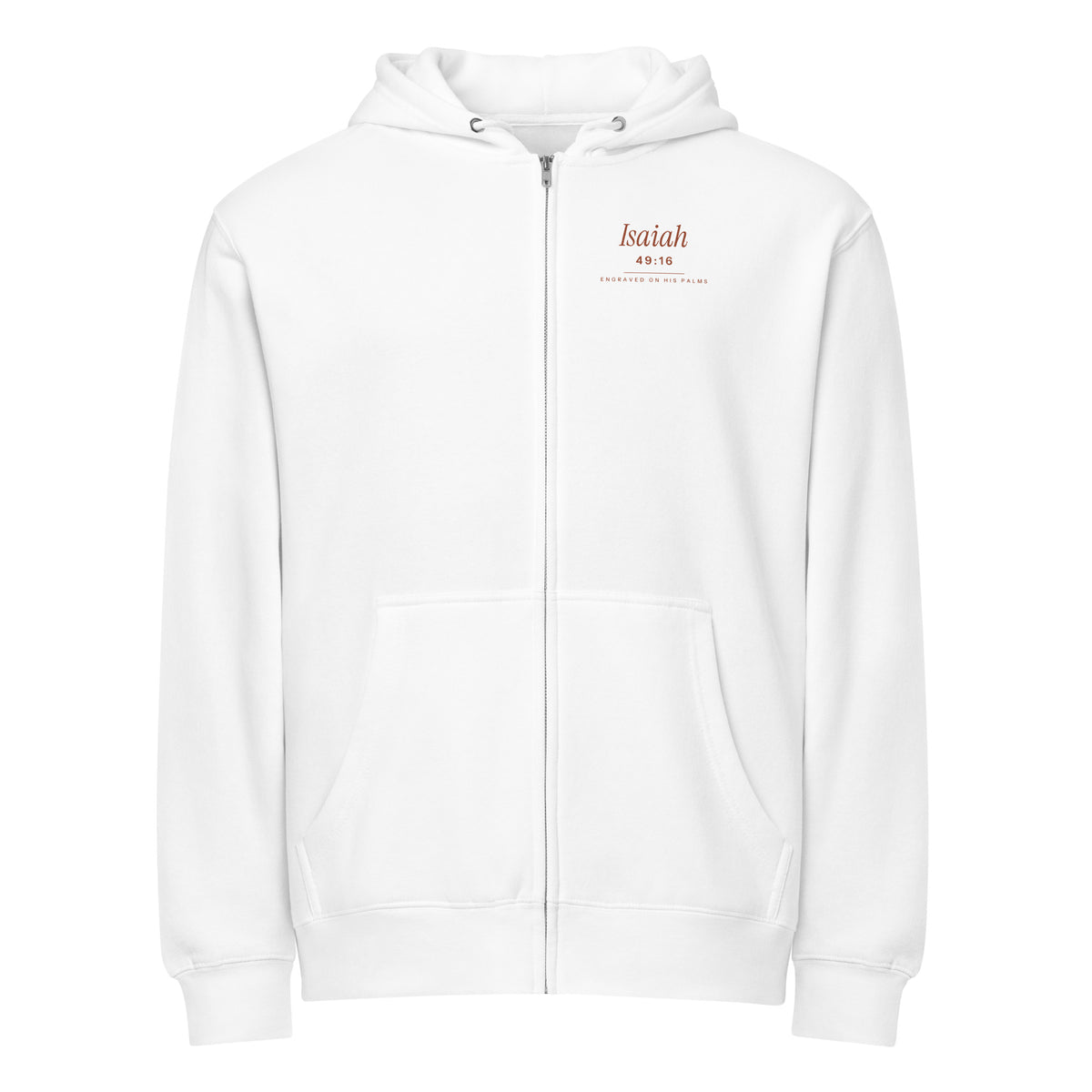 Engraved on His Palms Full-Zip Hoodie in White, front view – Isaiah 49:16