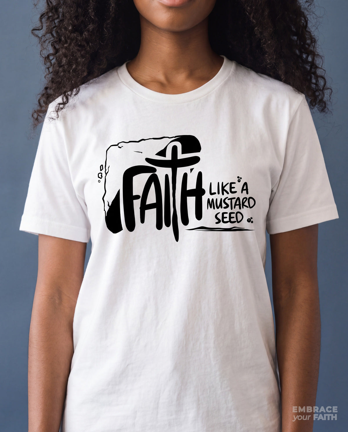 Close-up of the Faith Like a Mustard Seed T-Shirt print in White