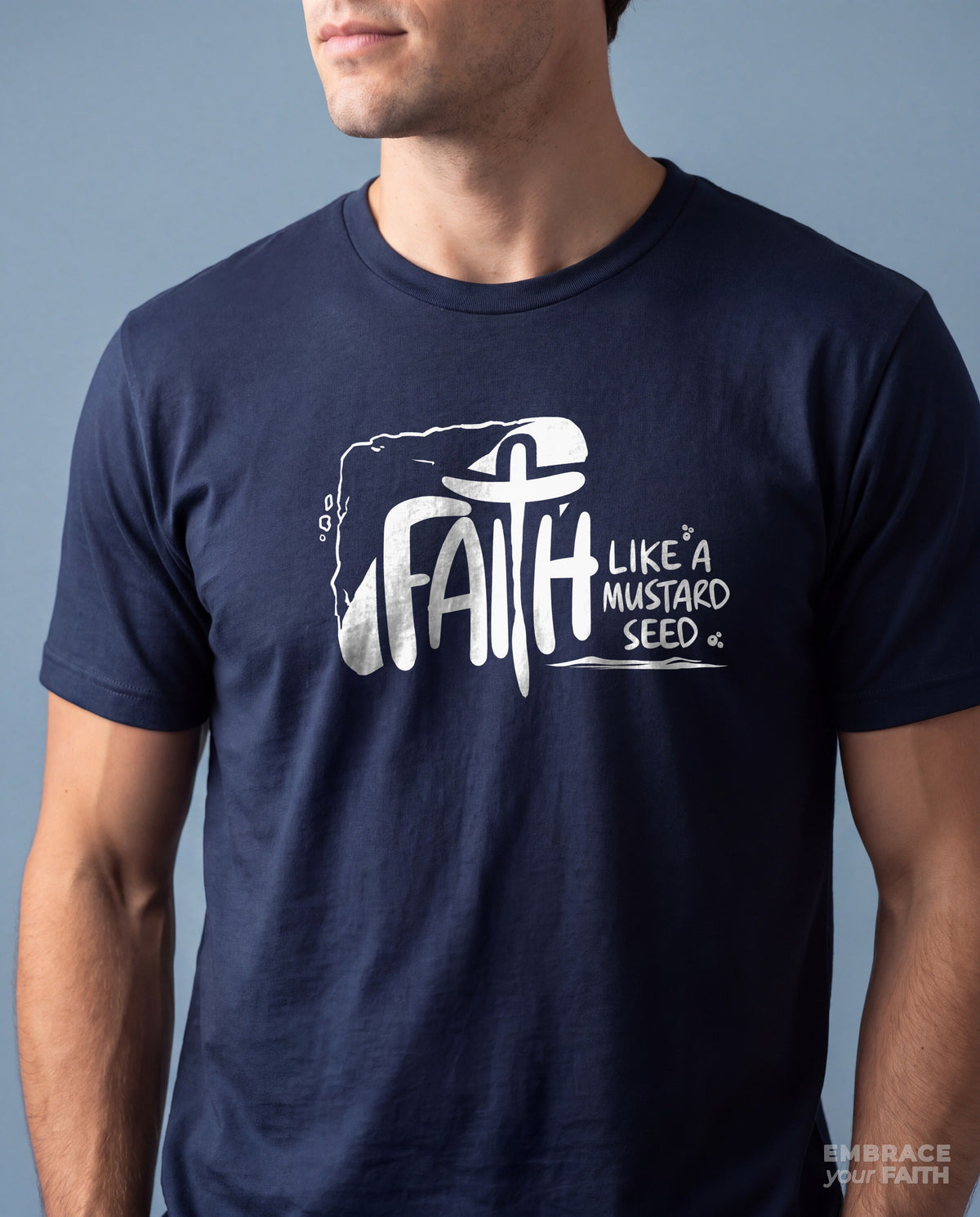 Close-up of the print on the Faith Like a Mustard Seed Classic Unisex T-Shirt in Navy