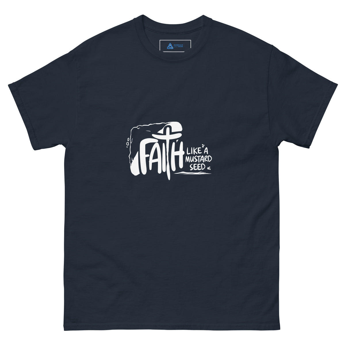Faith Like a Mustard Seed T-Shirt in Navy, front view – Matthew 17:20