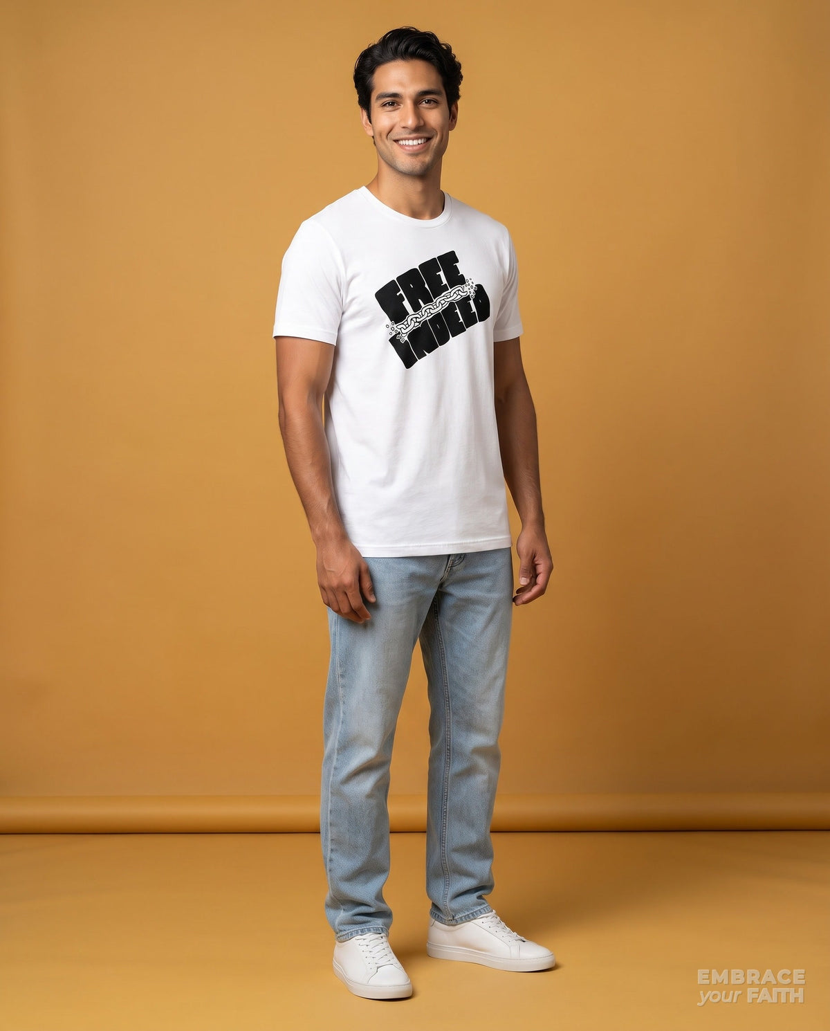 EYF model wearing the Free Indeed Classic Unisex T-Shirt in White