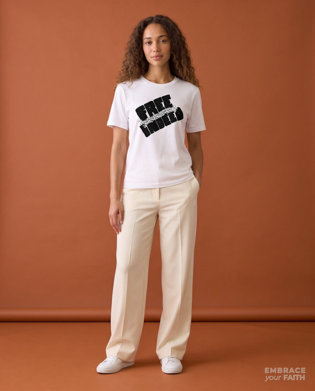 EYF model wearing the Free Indeed Classic Unisex T-Shirt in White