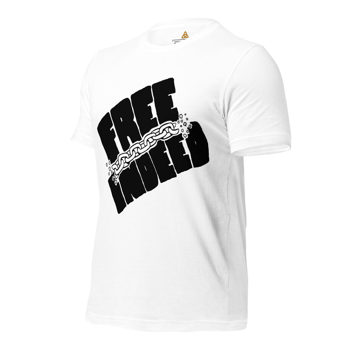 Free Indeed T-Shirt in White, angled front view – John 8:36