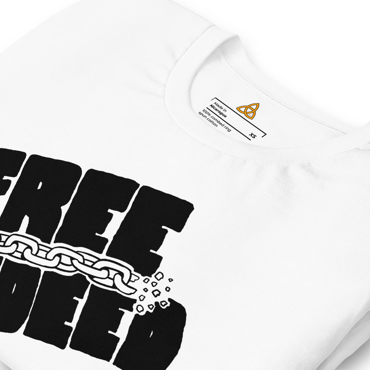 Close-up of the Free Indeed T-Shirt print in White – John 8:36