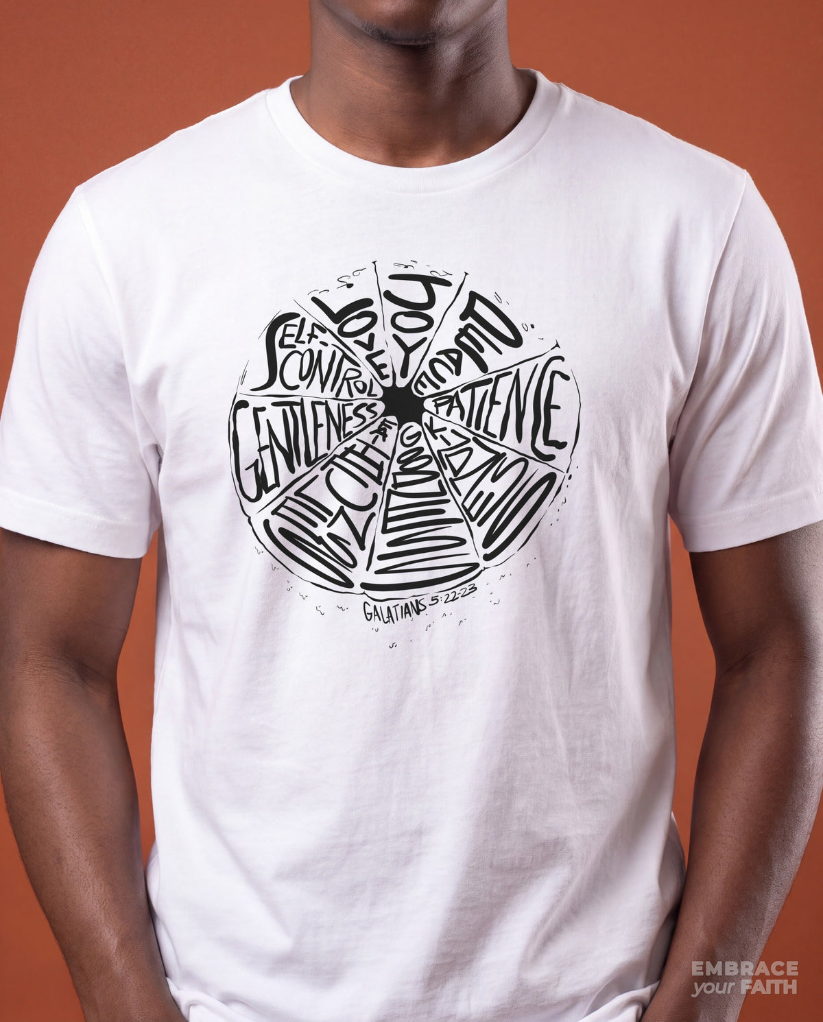 Close-up of the print on the Fruit of the Spirit Graphic Unisex T-Shirt in White