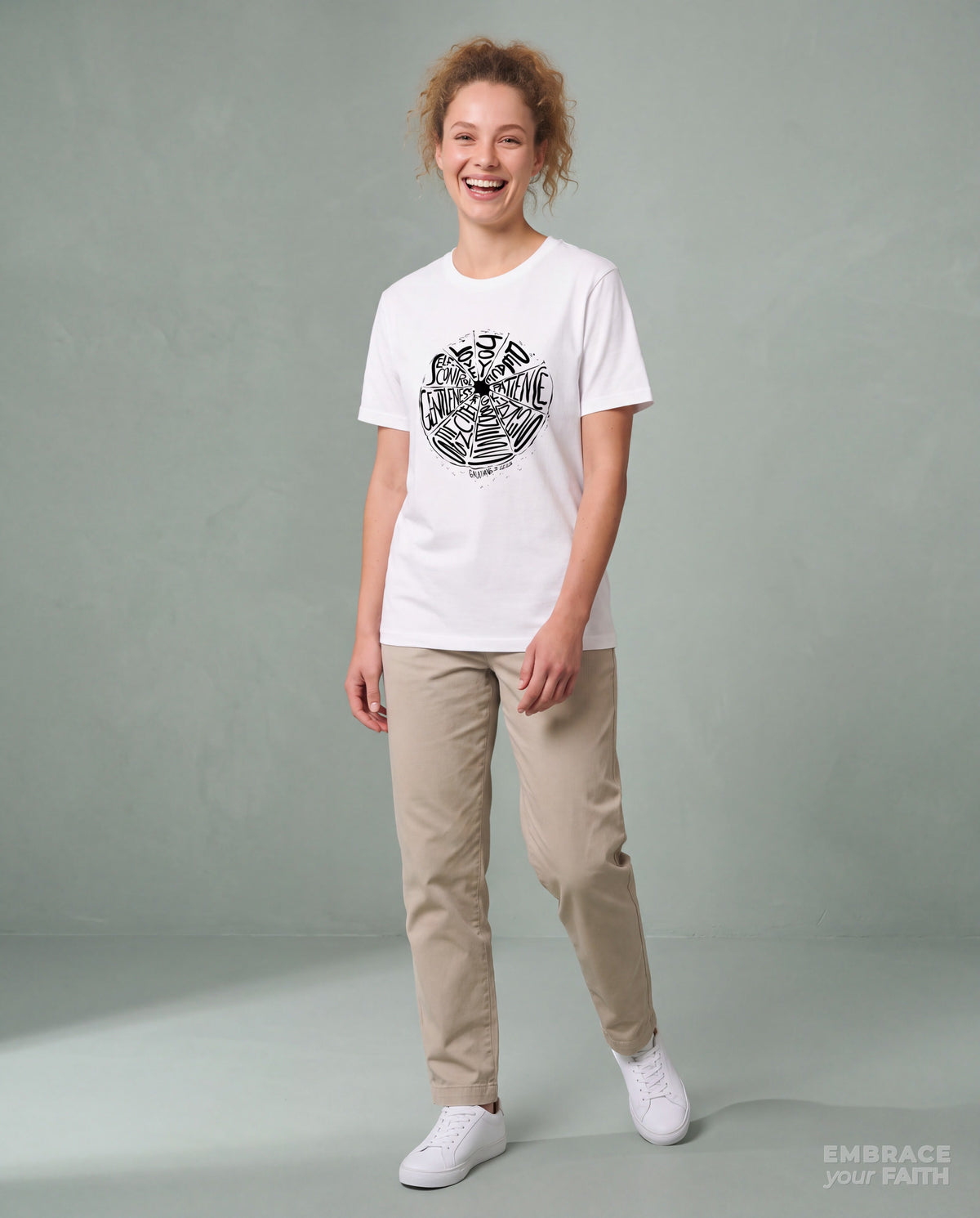 Fruit of the Spirit T-Shirt in White, worn by a model