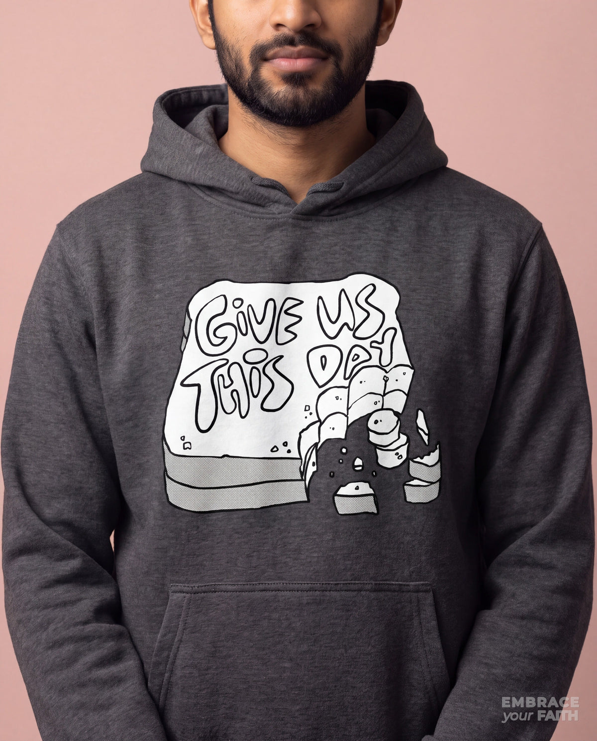 Close-up of the print on the Give Us This Day Classic Unisex Hoodie in Charcoal Heather