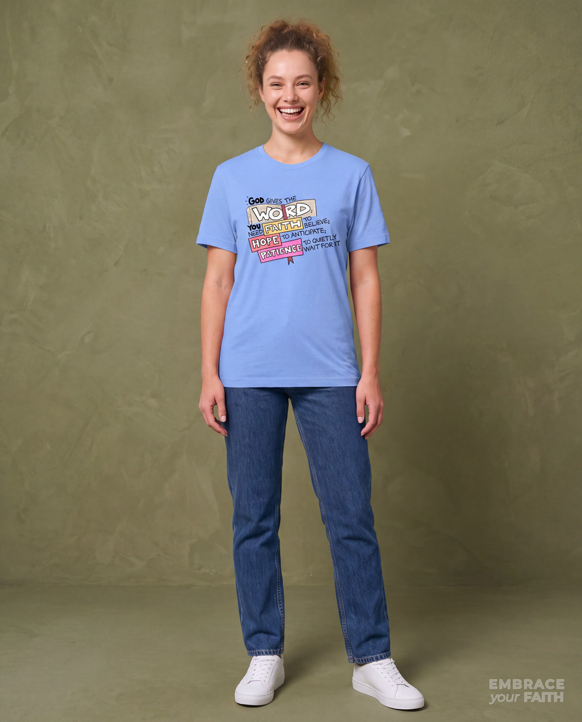 EYF model wearing the God Gives The Word Unisex Classic Tee in Carolina Blue