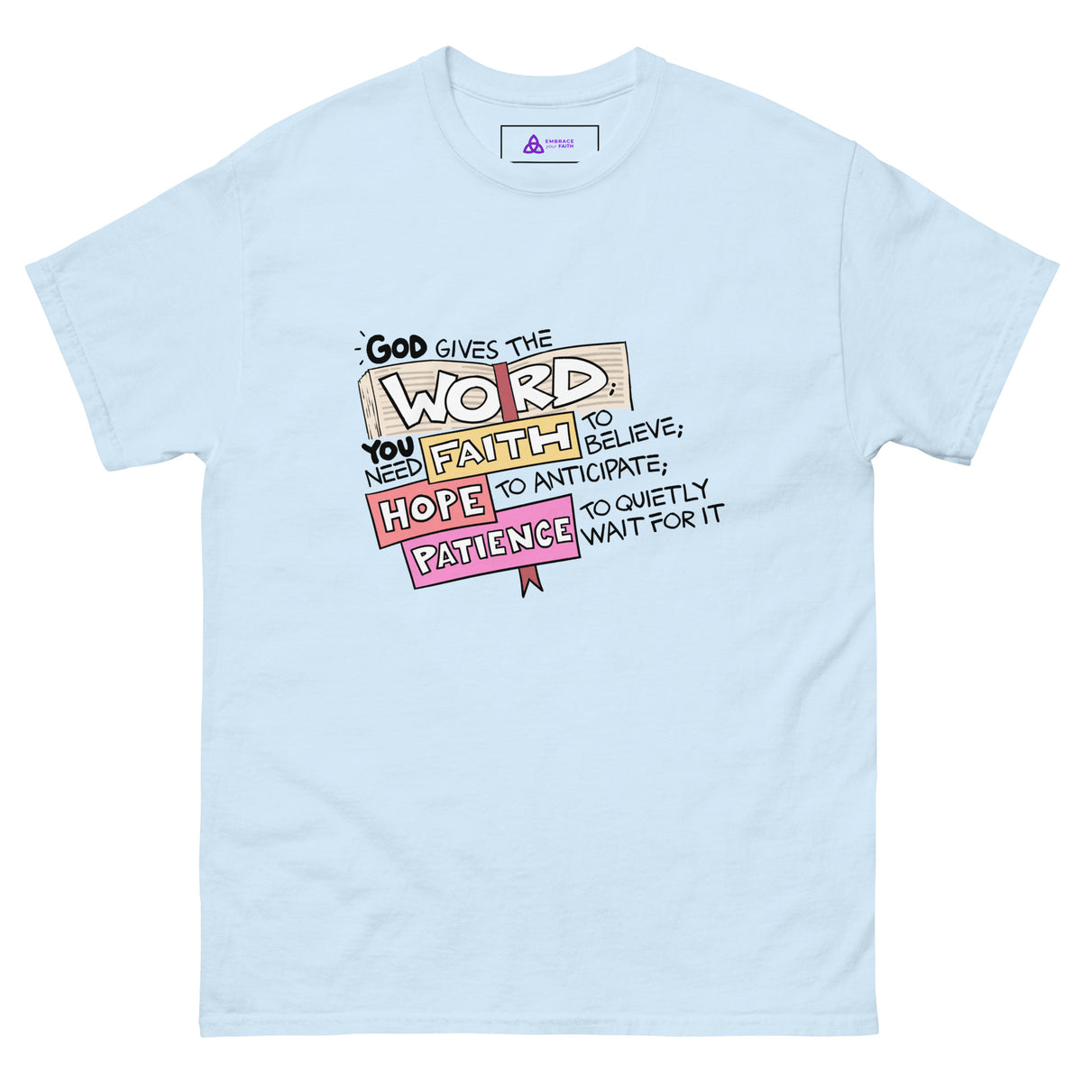God Gives the Word T-Shirt in Light Blue, front view – Psalm 68:11