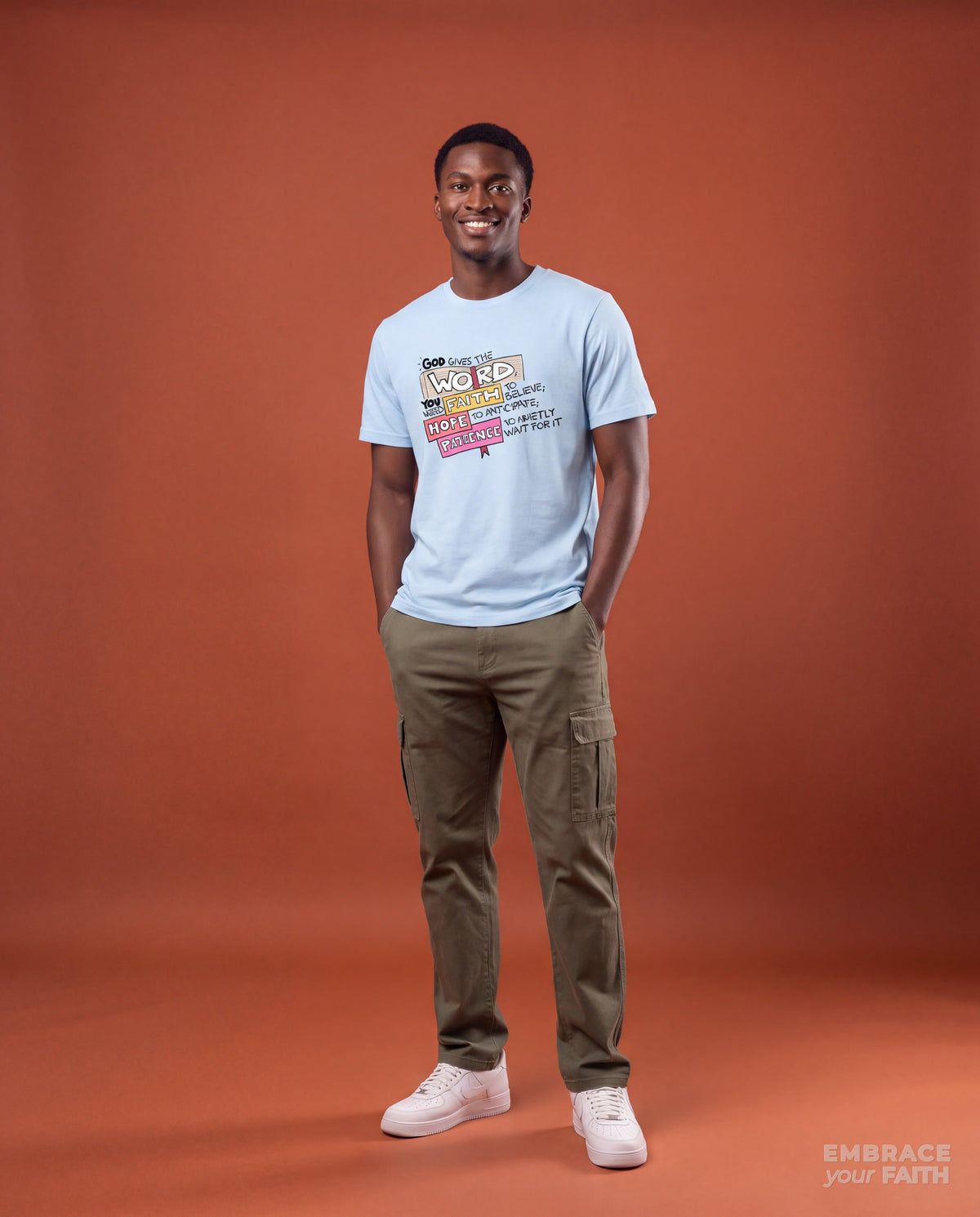 EYF model wearing the God Gives The Word Unisex Classic Tee in Light Blue