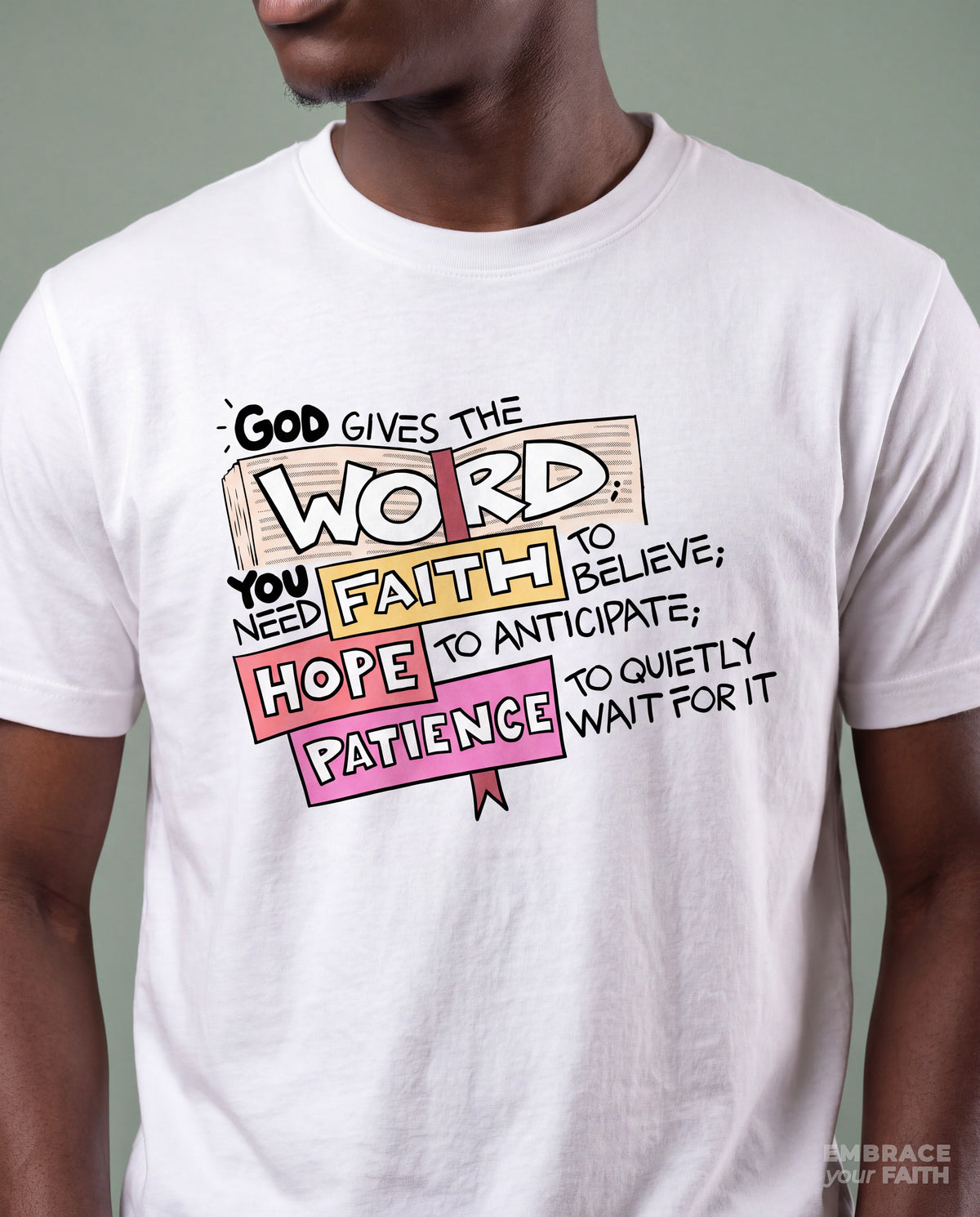 Close-up of the print on the God Gives The Word Unisex Classic Tee in White