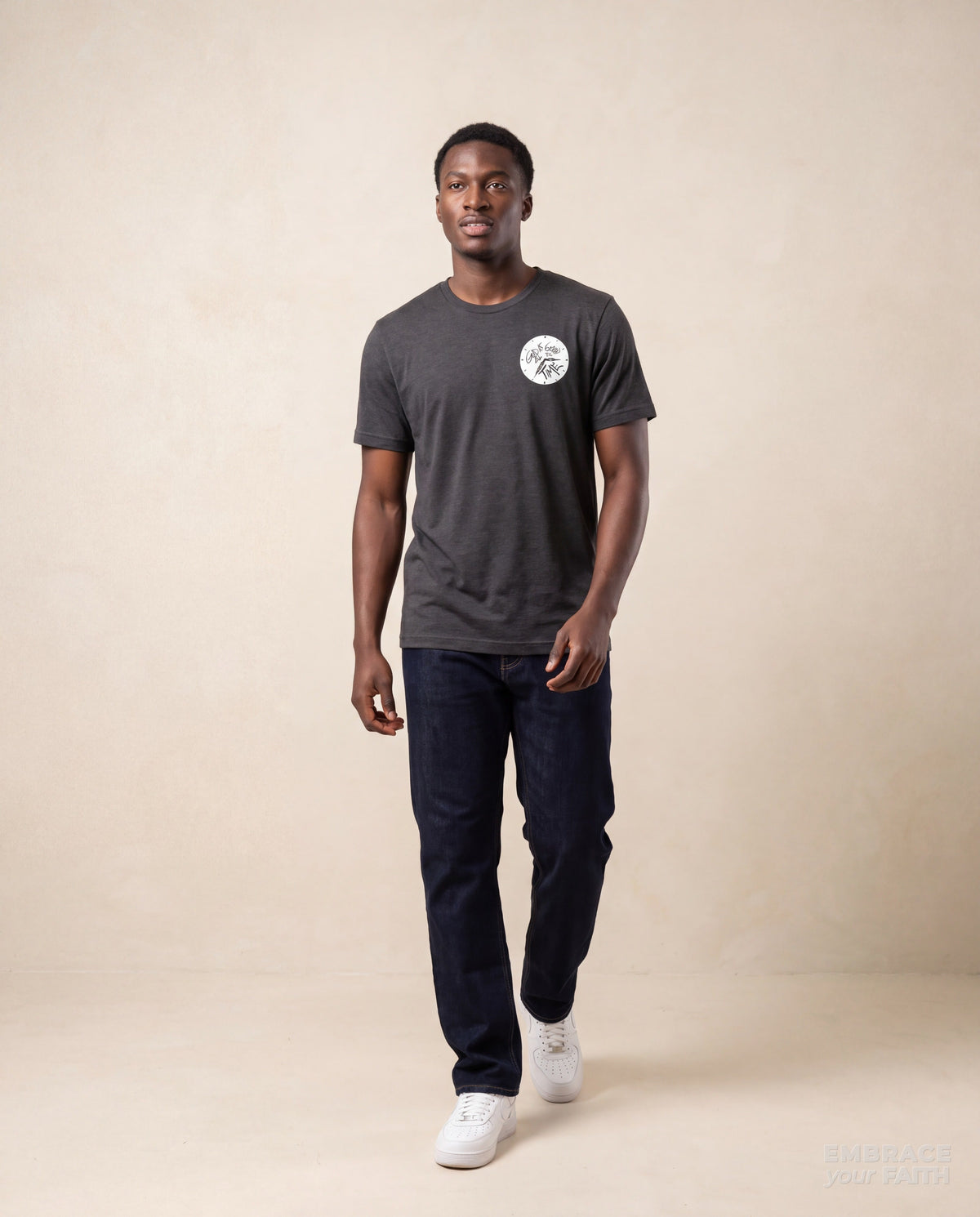 God Is Good All the Time T-Shirt in Dark Grey Heather, worn by a model