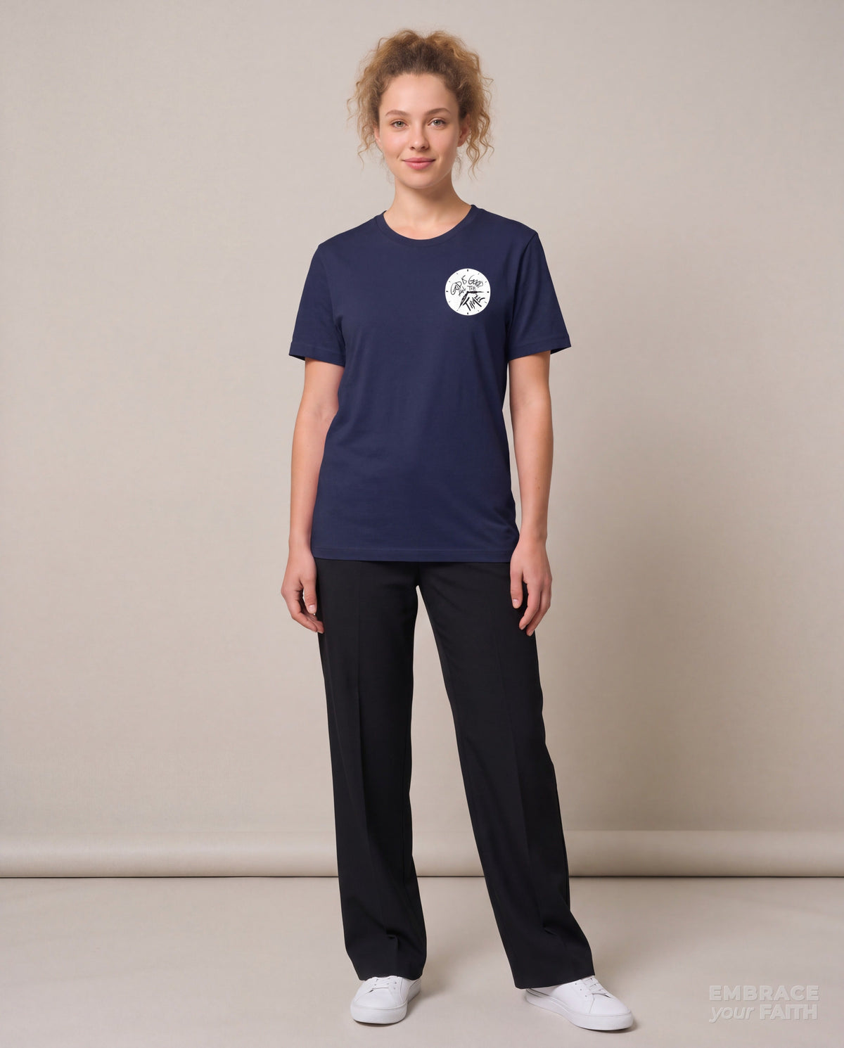God Is Good All the Time T-Shirt in Navy, worn by a model