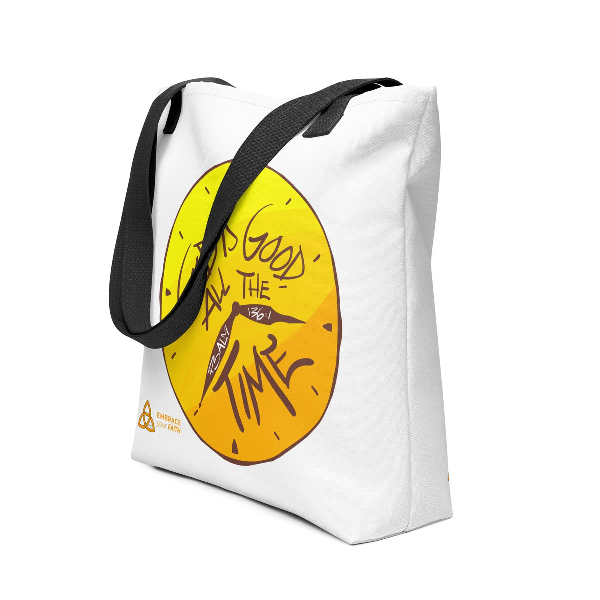 God Is Good All the Time Tote Bag in Black, 15x15 inch, front view