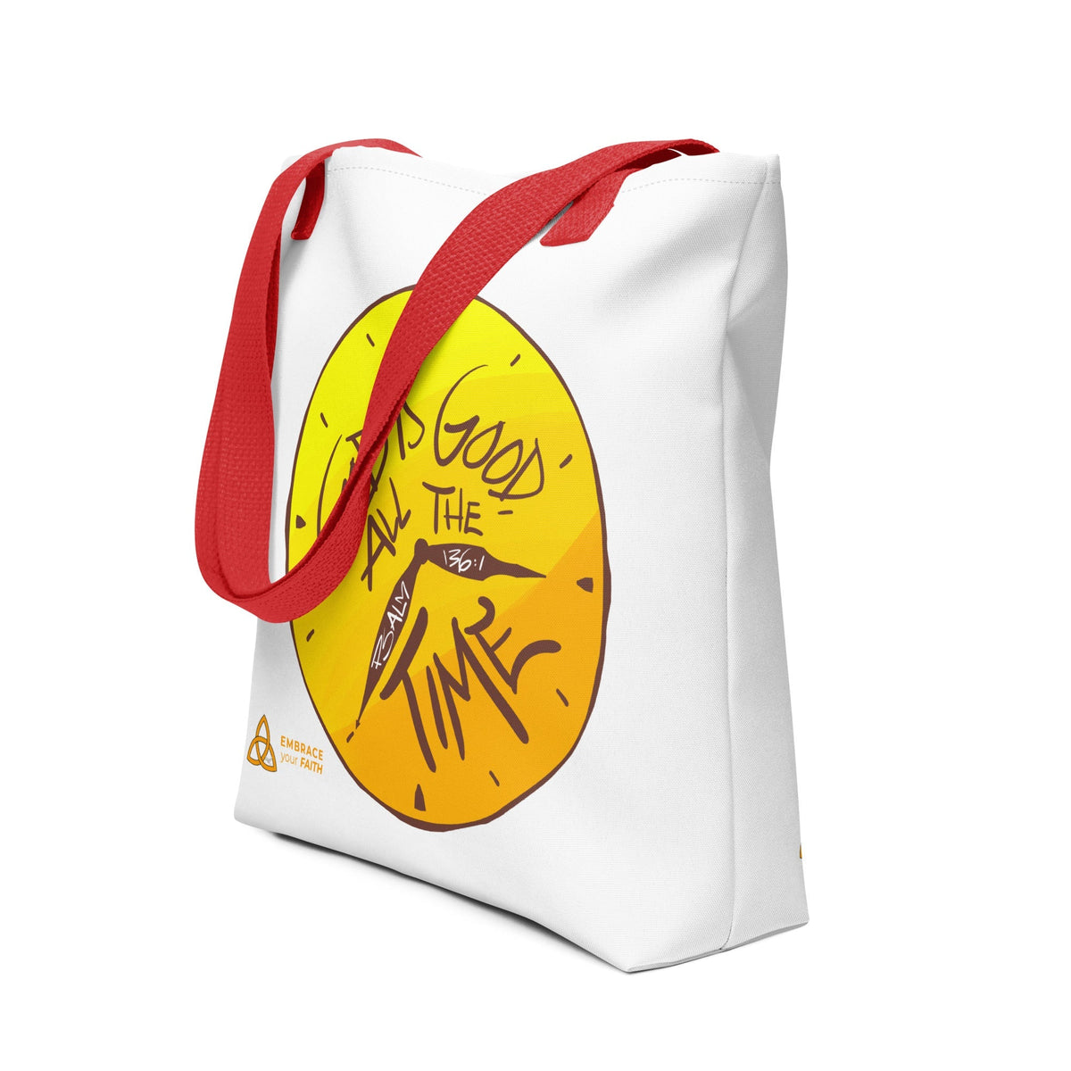 God Is Good All the Time Tote Bag in Red, 15x15 inch, front view