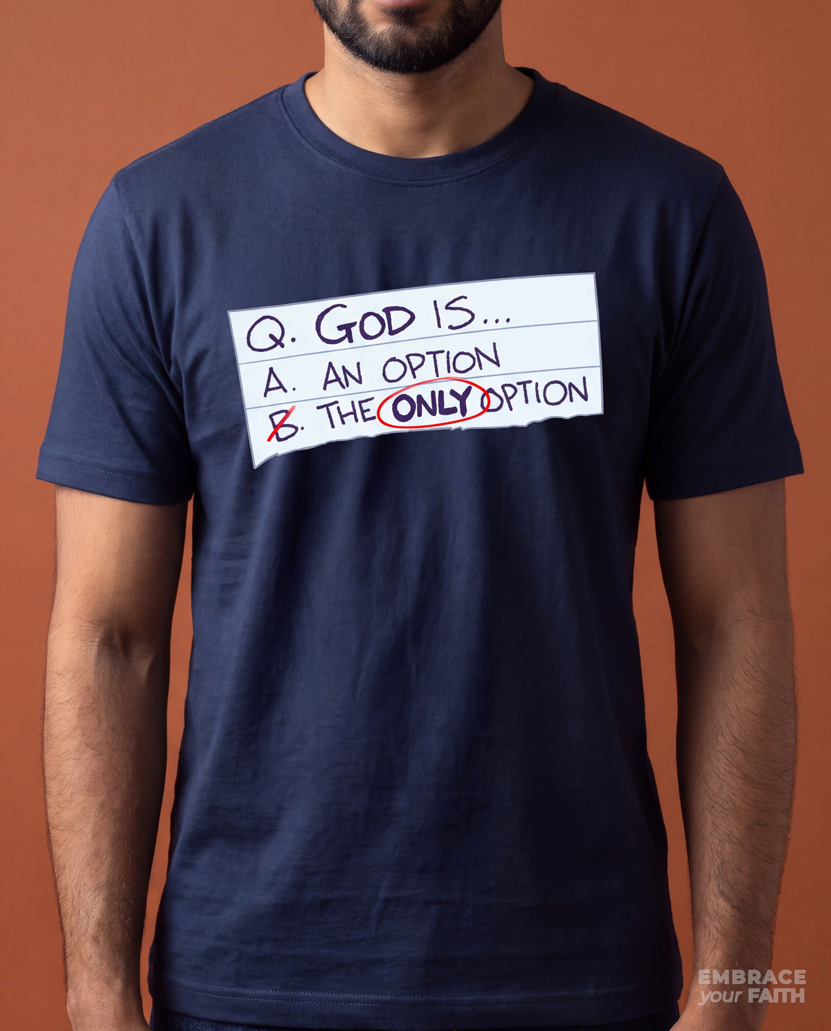 Close-up of the print on the God Is the Only Option Unisex T-Shirt in Navy