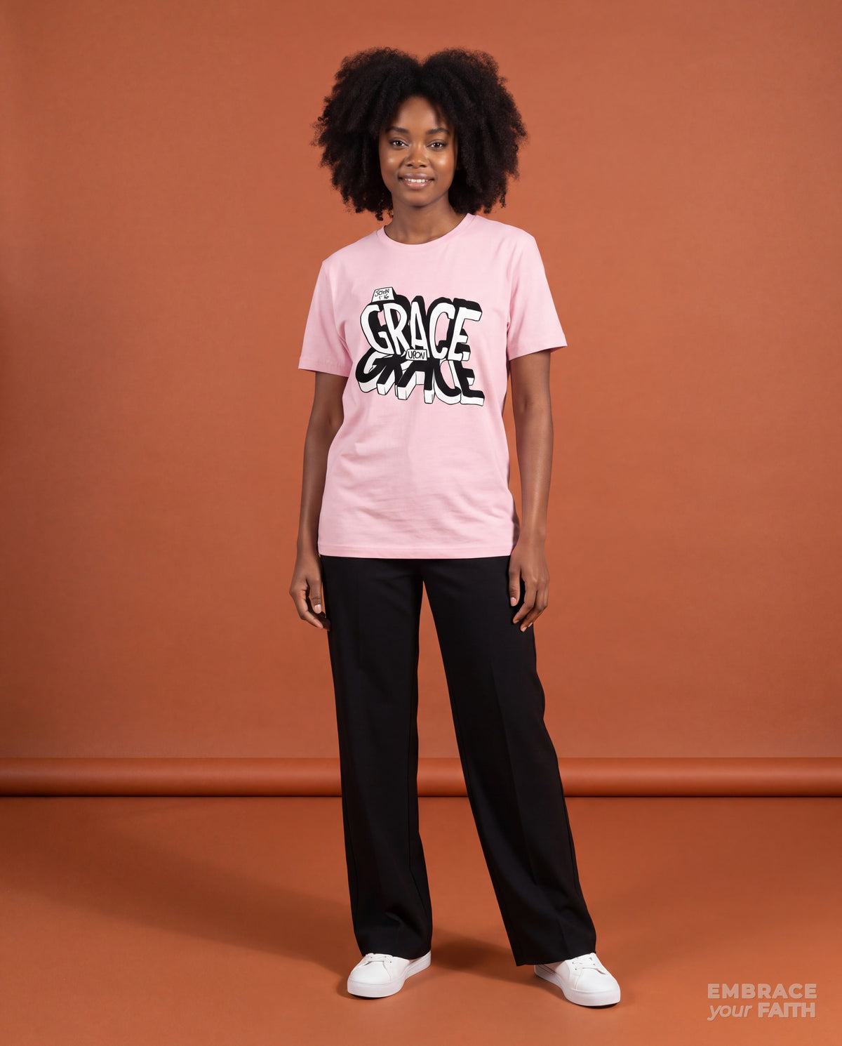 Grace Upon Grace T-Shirt in Soft Pink, worn by a model
