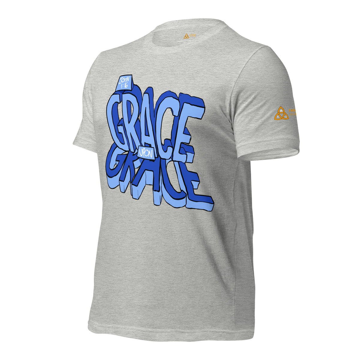 Grace Upon Grace T-Shirt with blue hologram print in Athletic Heather, angled front view – John 1:16