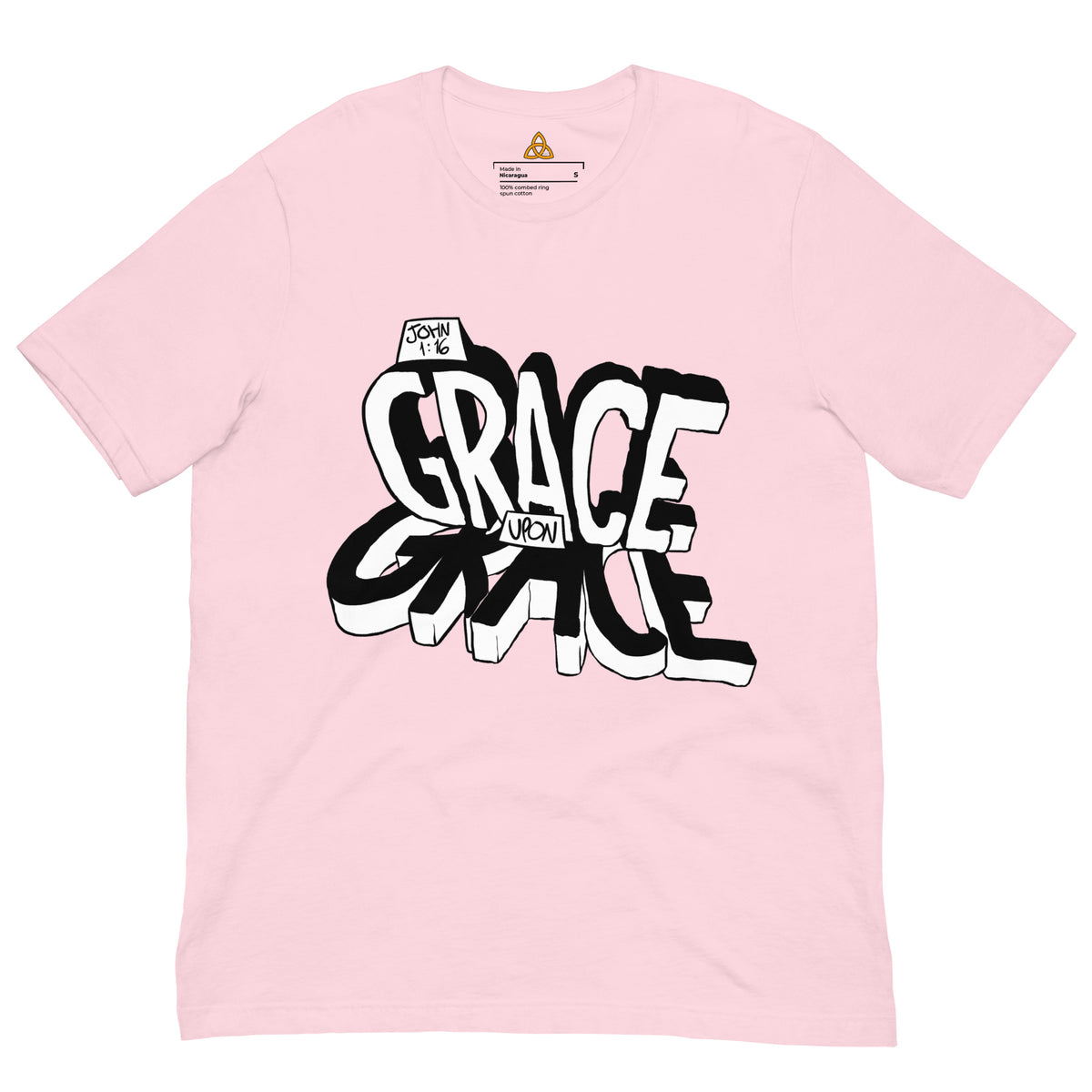 Grace Upon Grace T-Shirt in Soft Pink, front view – John 1:16