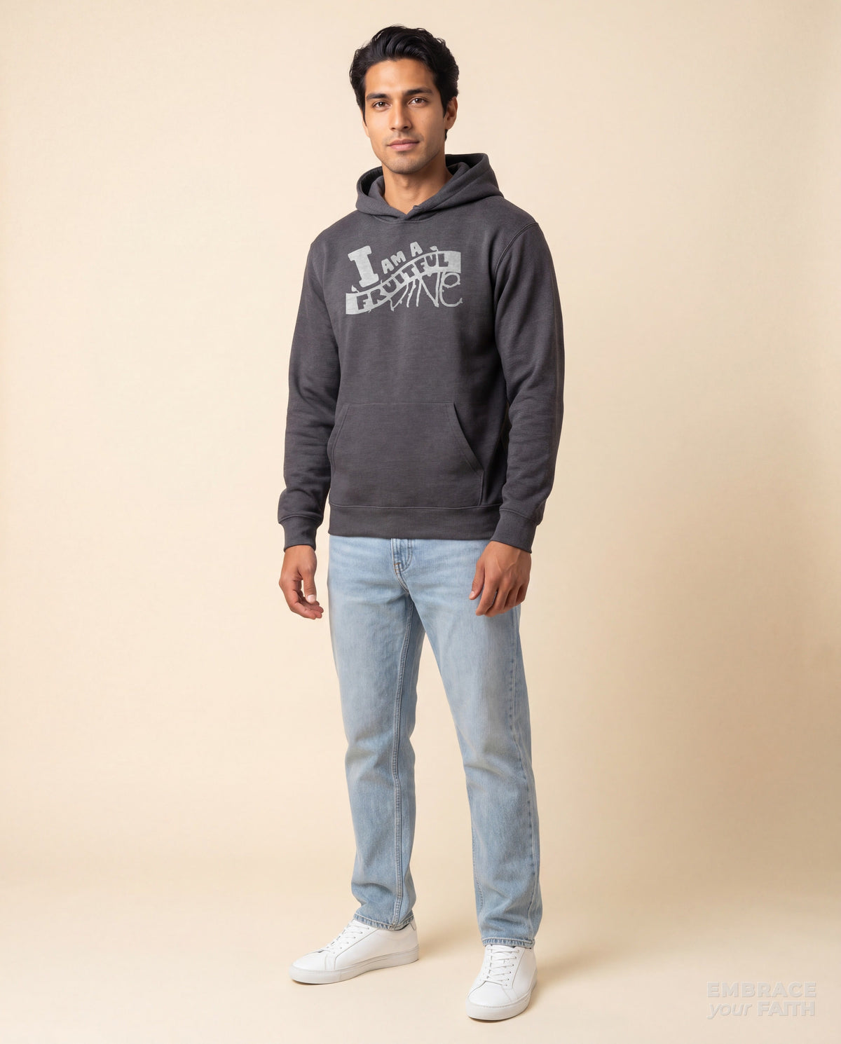 EYF model wearing the I Am a Fruitful Vine Classic Luminous Hologram Unisex Hoodie in Charcoal Heather