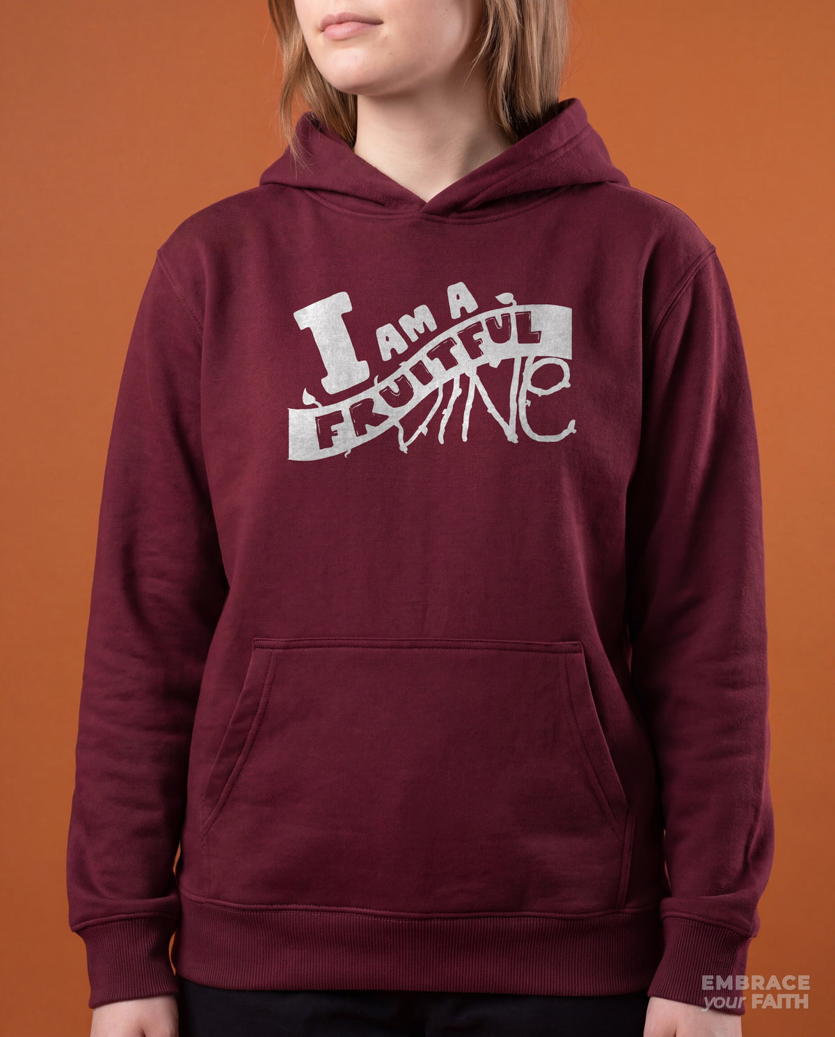 Close-up of the print on the I Am a Fruitful Vine Classic Luminous Hologram Unisex Hoodie in Maroon