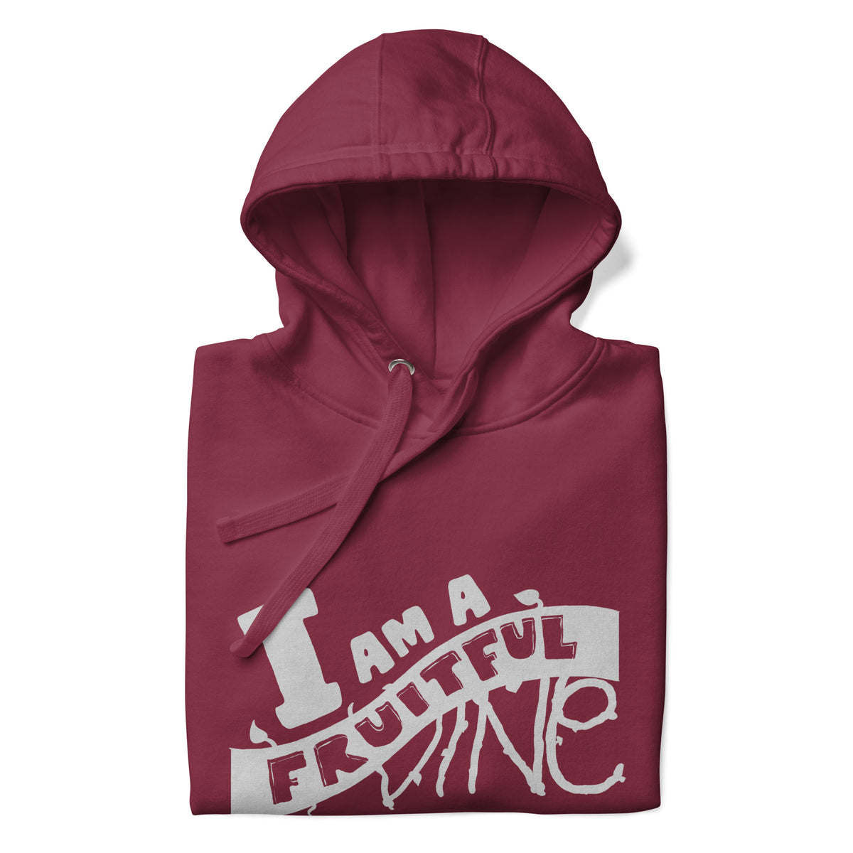 I Am a Fruitful Vine Luminous Hologram Hoodie in Maroon, front view – John 15:5