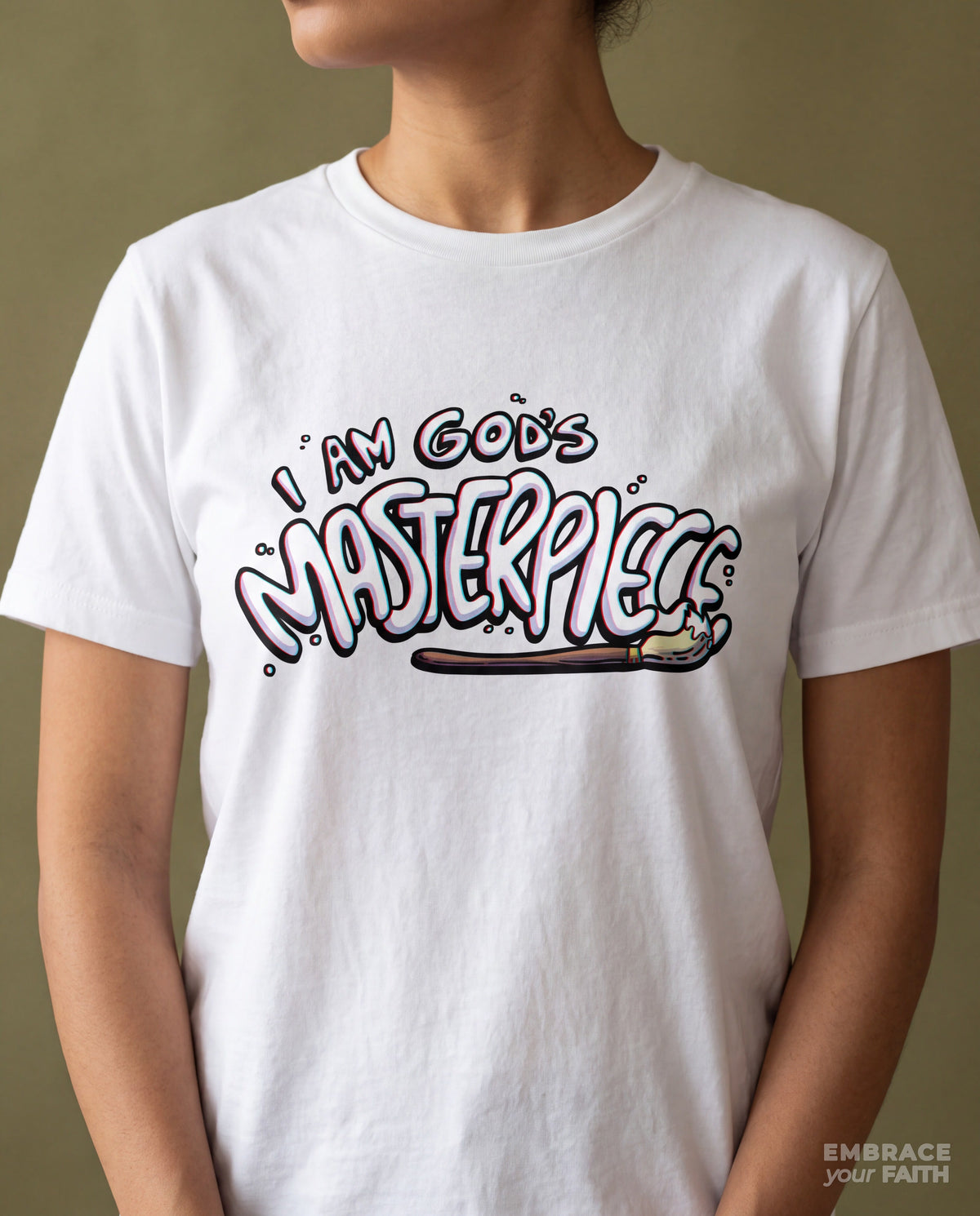 Close-up of the print on the I Am God's Masterpiece Unisex Classic T-Shirt in White