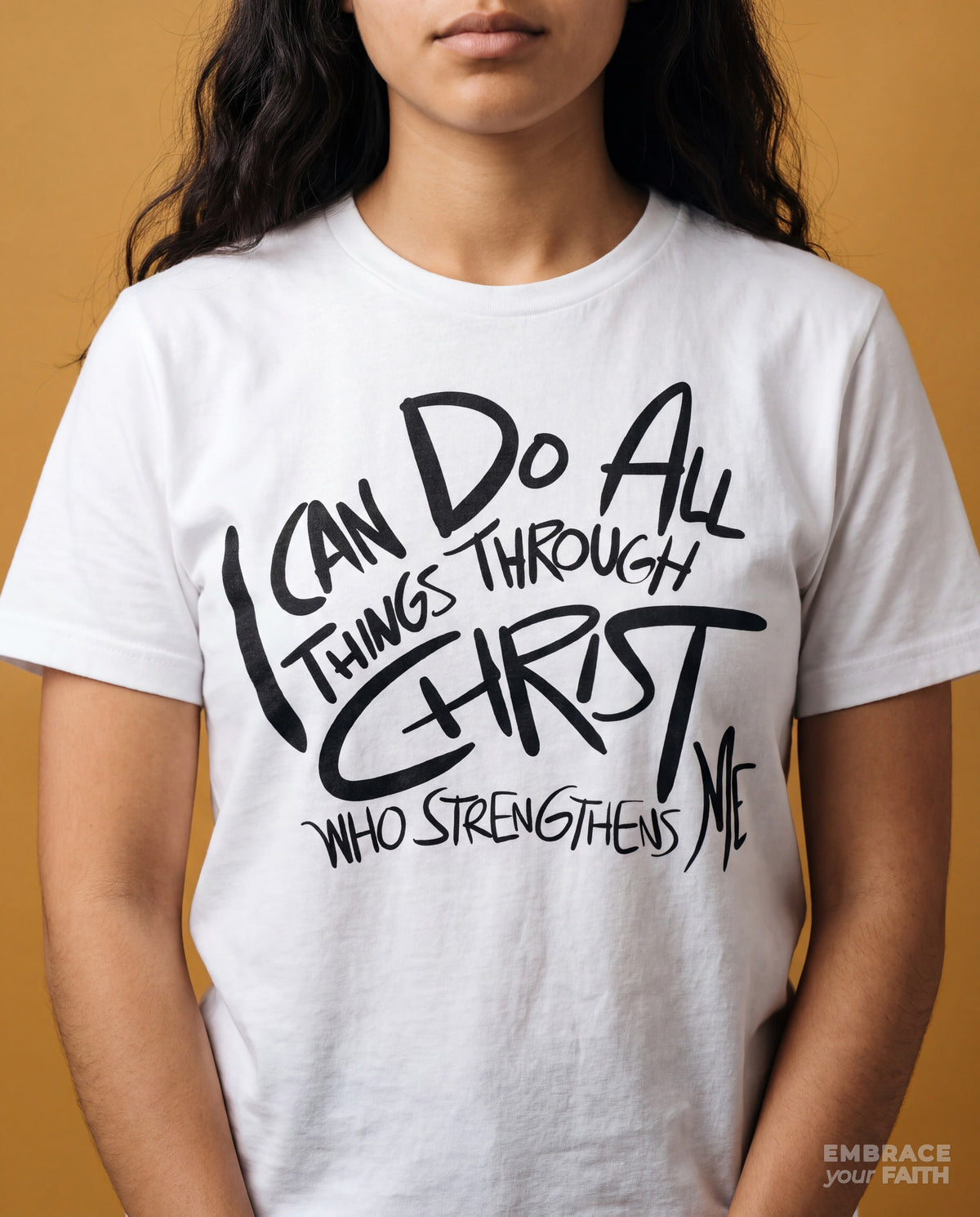 Close-up of the I Can Do All Things Affirmation T-Shirt print in White