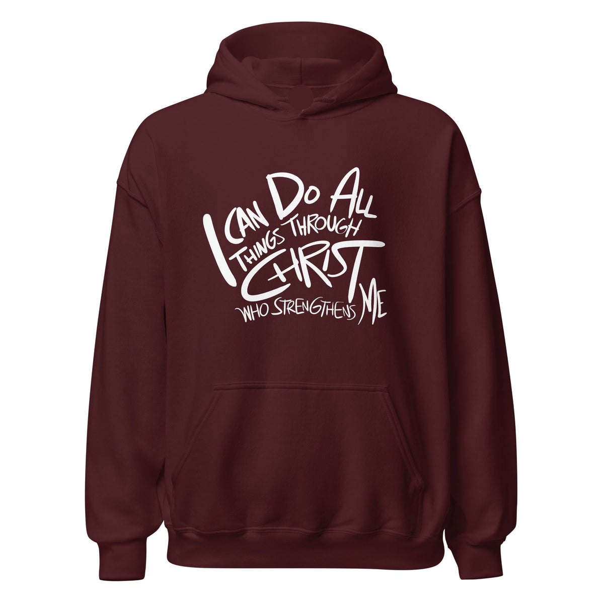 I Can Do All Things Affirmation Hoodie in Maroon, front view – Philippians 4:13