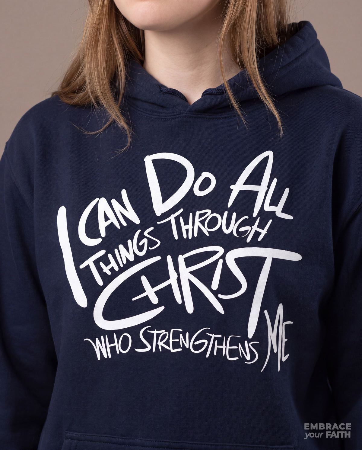 Close-up of the print on the I Can Do All Things - Affirmation Unisex Hoodie in Navy