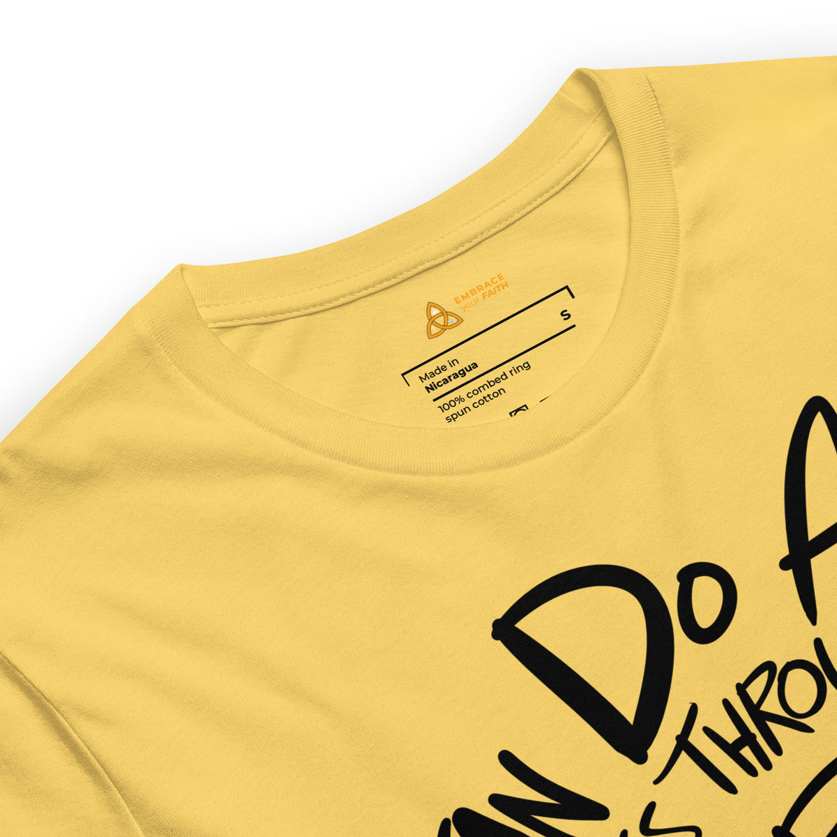 Close-up of the I Can Do All Things Affirmation T-Shirt print in Yellow – Philippians 4:13