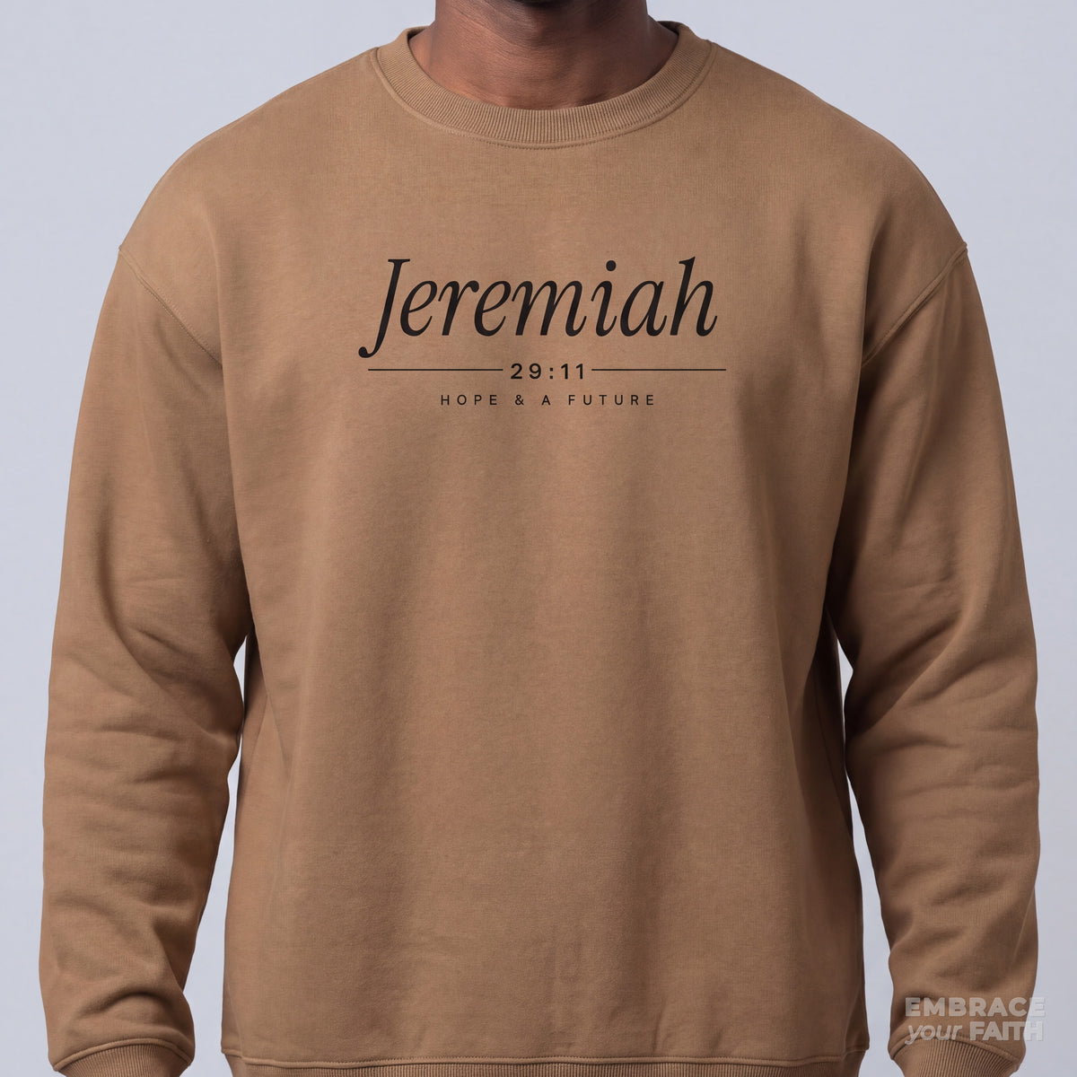 Jeremiah 29:11 Heavyweight Sweatshirt in Vintage Brown with black print, print close-up