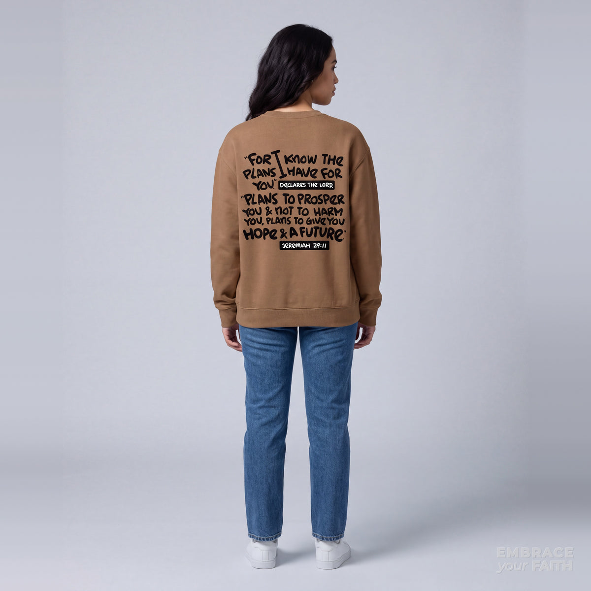 Jeremiah 29:11 Heavyweight Sweatshirt in Vintage Brown with black print, model back view