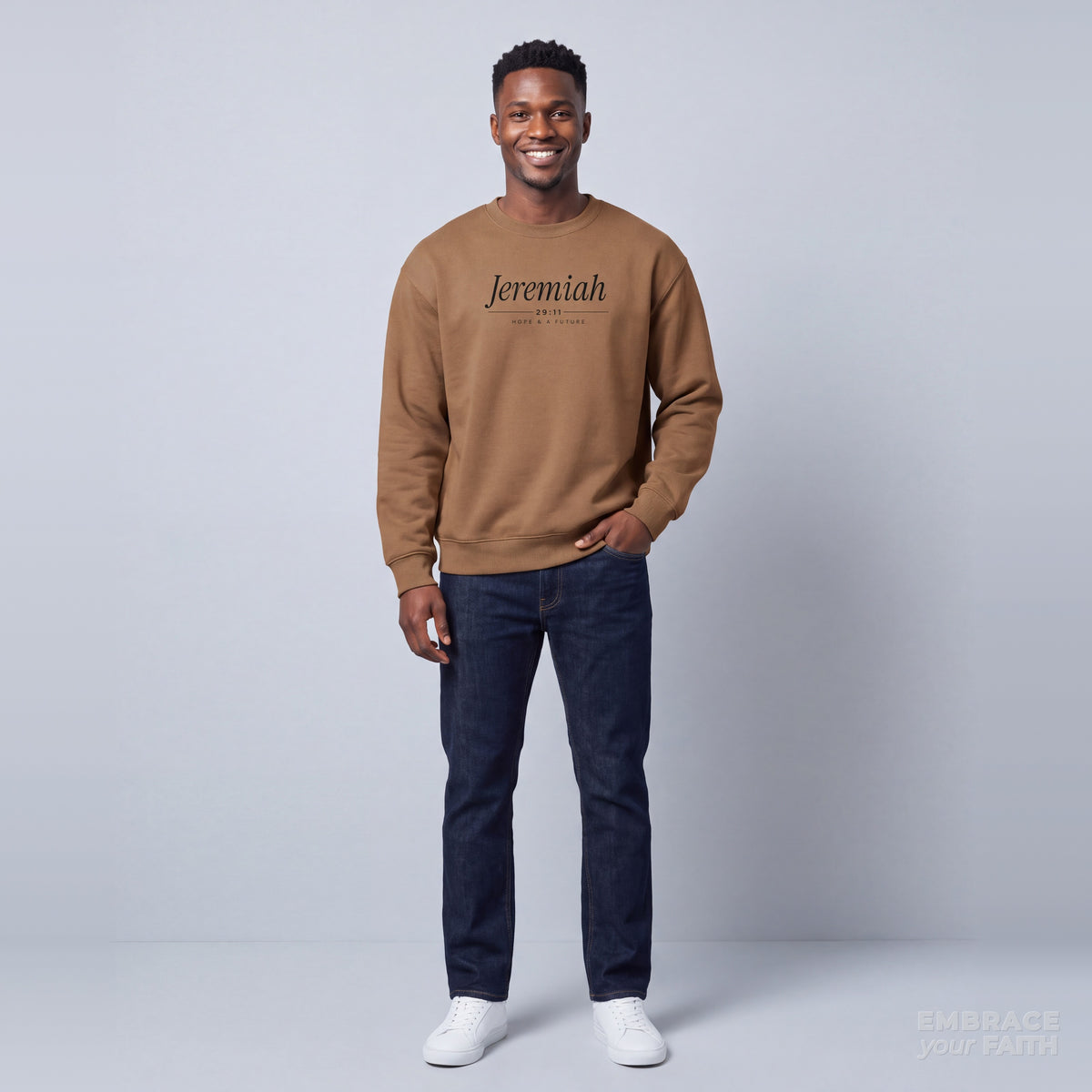 Jeremiah 29:11 Heavyweight Sweatshirt in Vintage Brown with black print, model front view