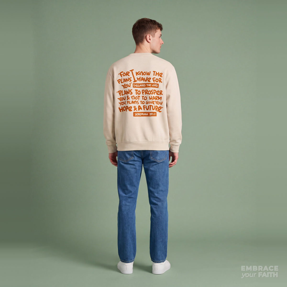 Jeremiah 29:11 Heavyweight Sweatshirt in Dust with burnt orange print, model back view