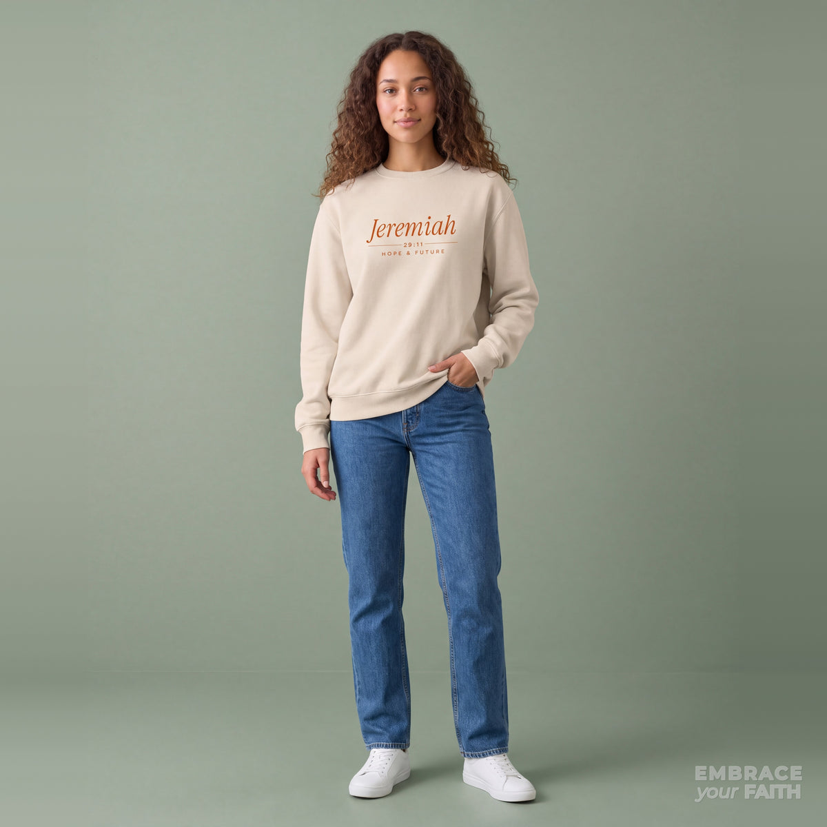 Jeremiah 29:11 Heavyweight Sweatshirt in Dust with burnt orange print, model front view