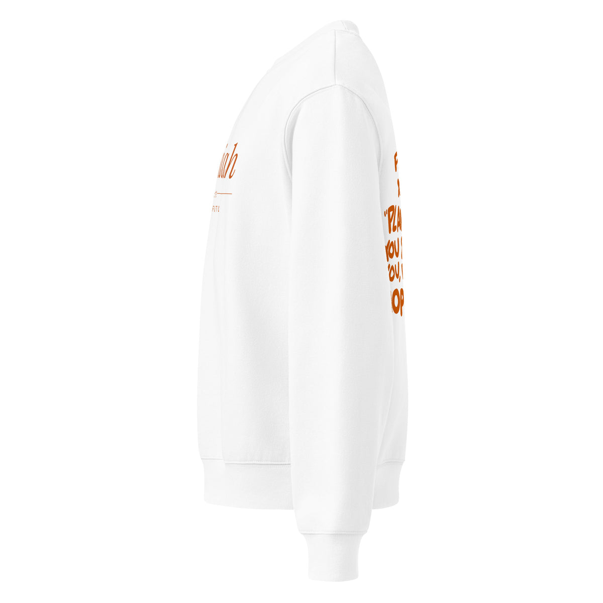 Jeremiah 29:11 Heavyweight Sweatshirt (Burnt Orange Print) in White, left side view – Jeremiah 29:11