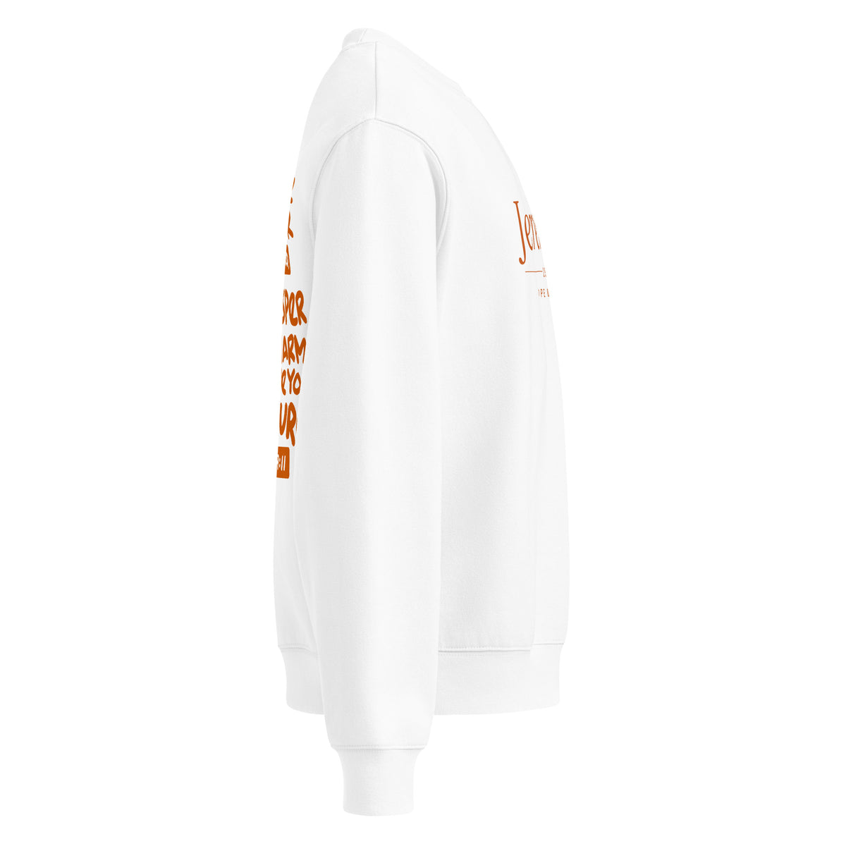 Jeremiah 29:11 Heavyweight Sweatshirt (Burnt Orange Print) in White, right side view – Jeremiah 29:11