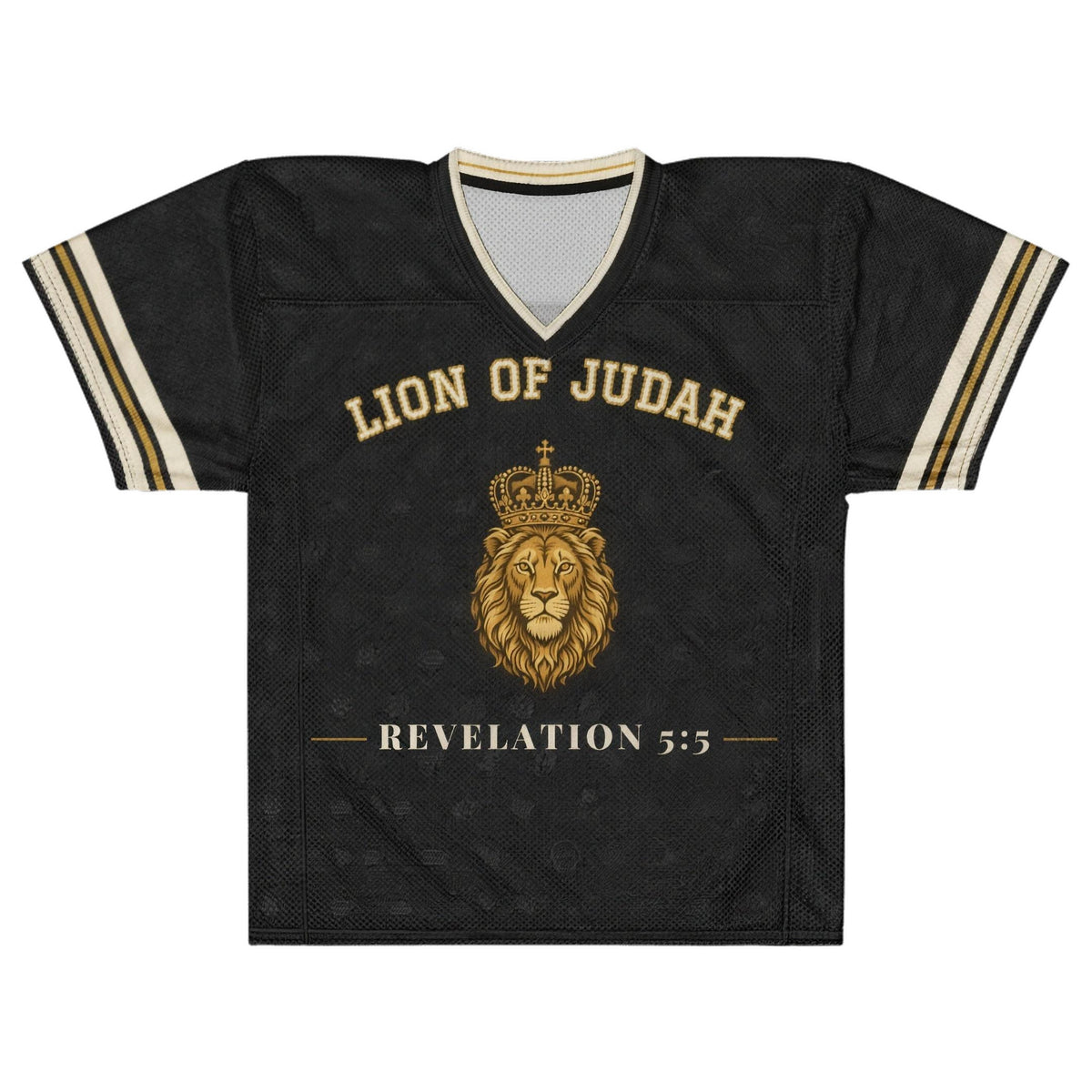 Lion of Judah Mesh Jersey in Black & Gold, front view – Revelation 5:5