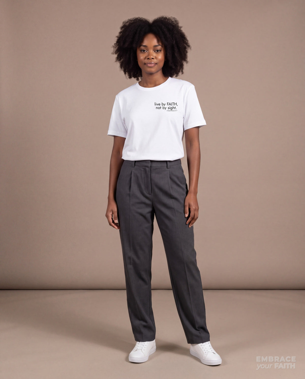 Live by Faith, Not by Sight T-Shirt in White, worn by a model
