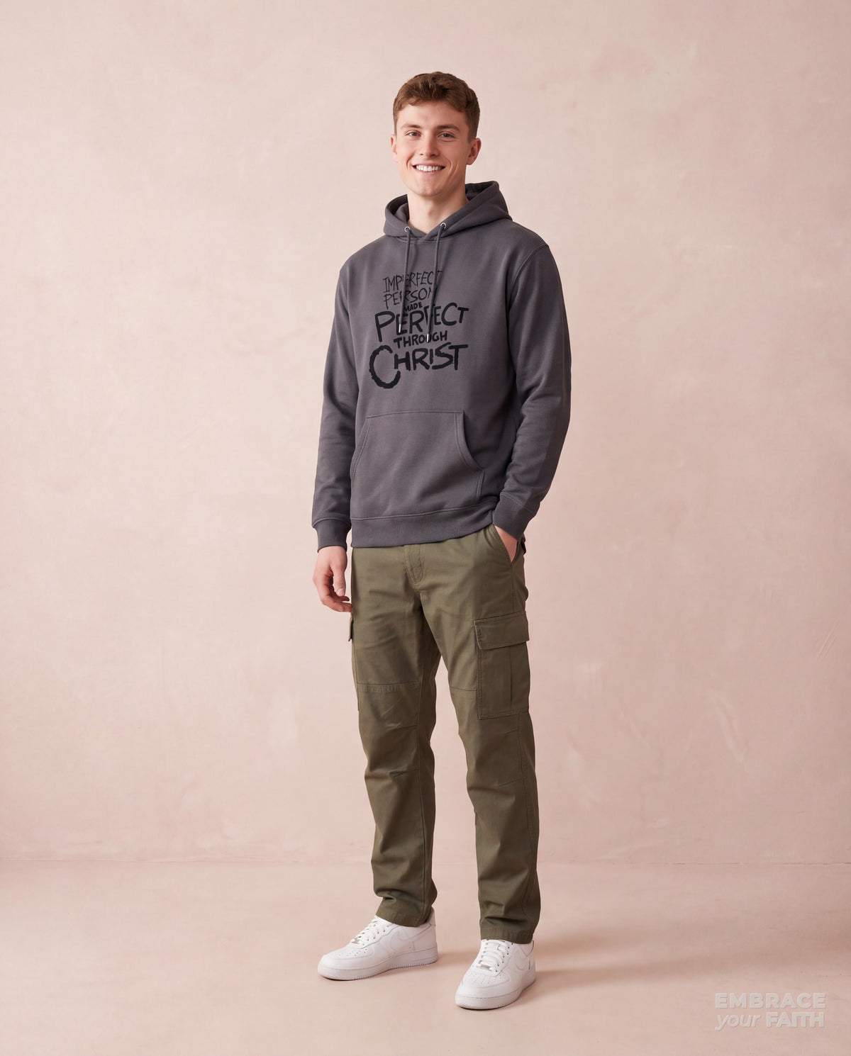 EYF model wearing the Made Perfect Unisex Hoodie (Premium) in Carbon Grey
