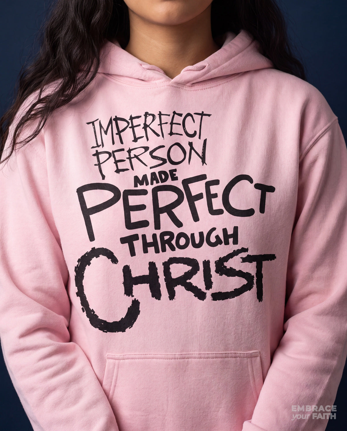 Close-up of the print on the Made Perfect Unisex Hoodie (Premium) in Light Pink