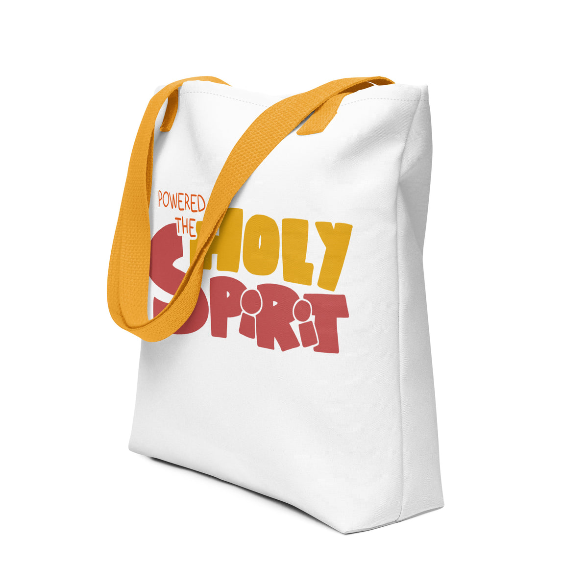 Powered by the Holy Spirit Tote Bag in Yellow, 15x15 inch, front view