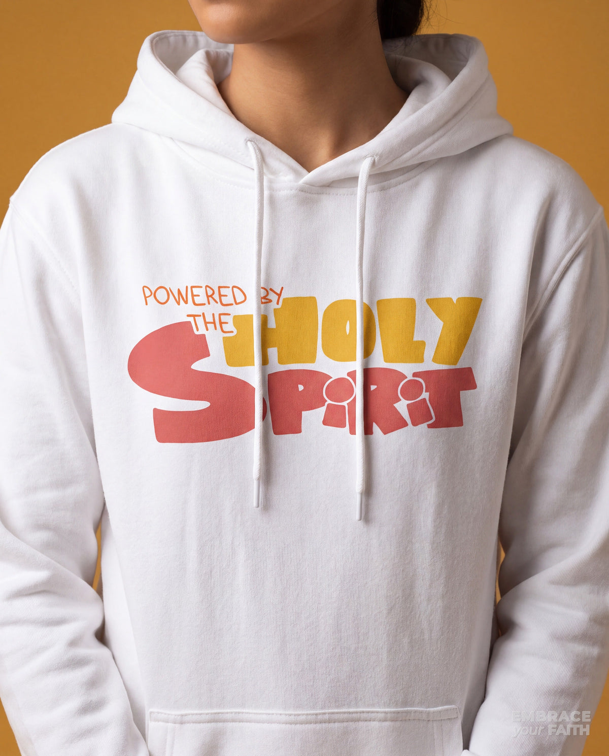 Close-up of the print on the Powered by The Holy Spirit Unisex Hoodie - Colour Block Hologram in White